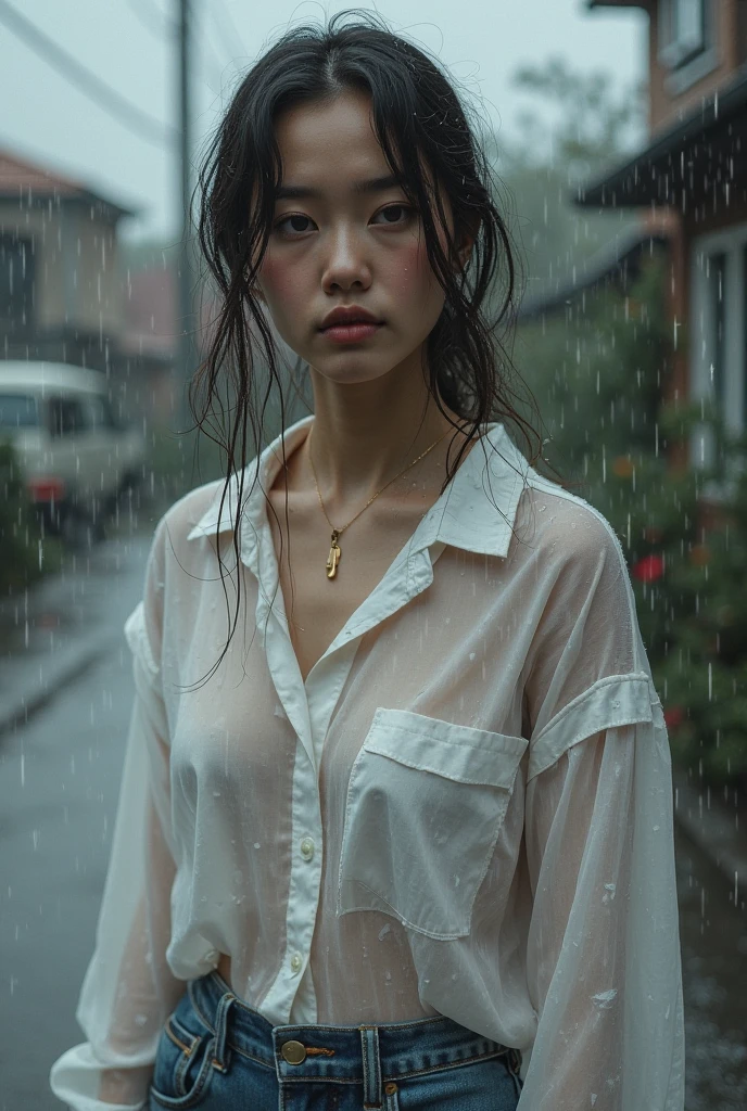(Cinematic tones)(The film is in a cool gray tone)(Wet clothes:1.9),(Get wet all over your body:1.9),Top image quality, tmasterpiece, 超高分辨率, (Fidelity:1.4), photore,deluge, stunningly beautiful woman, (Sorrow), white shirt, dim murky lights, shadowy, Desperate, Pity, Pathetic, Cinematic, Tears, tear drop, (ripped clothing:1.5), (Wet clothes:1.4), bare shoulders, Real rain, wetting hair