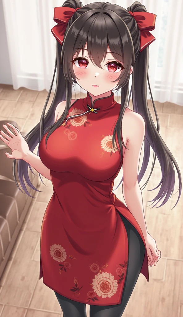 Takagi-san、Shiny brown hair, Long Hair,Forehead、Center part、 Beautiful brown eyes、smile、Sparkling eyes, (fine grain)、Very fine eye、Highly detailed face, Highly detailed eyes,


(masterpiece:1.3, Highest quality, 超High resolution, Super detailed), Cowboy Shot、 One woman，Highest quality, masterpiece, High resolution, 


Tabletop,Highest quality,High resolution,The finer details,
blush,curve,Beautiful breasts,Sweat,Oily skin,(A black sleeveless Chinese mini dress with vibrant embroidery),(Luxury hotel room)、、Embarrassed laugh、Slouching and stretching the bottom、Absolute area