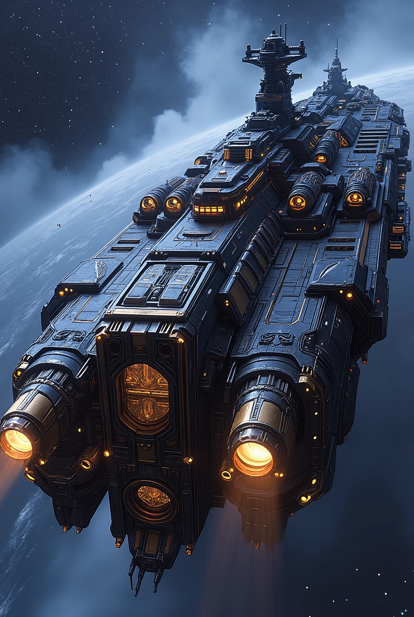 (Masterpiece, ultra-realistic, 32k, best quality, hyper-detailed, cinematic lighting, reversal film photography, film grain, intricate textures, photorealistic, dramatic composition, immersive depth, trending on ArtStation.) highly detailed, photorealistic image of an space ship in interstellar cosmic space. A colossal space Battleship, gothic-mechanical engineering bridge. Gothic, cathedral-like arches, bulkheads, and other architectural flourishes to give them the appearance of imperial grandeur. These ships are designed to withstand the harsh conditions of space, so they have a lot of reinforced hulls and bulkheads. armed with turrets and guns, dooms and towers. strides across stars