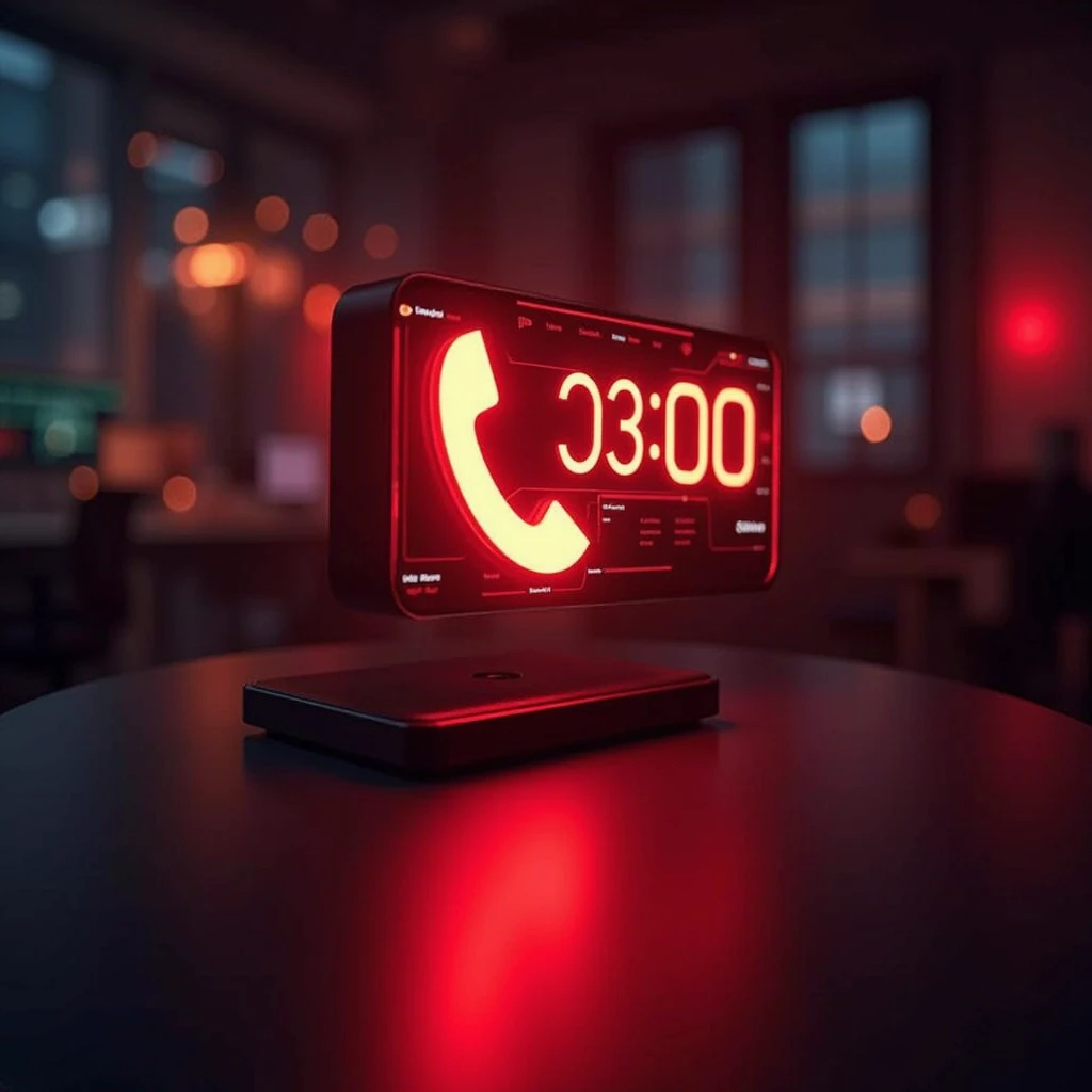 A futuristic and visually striking image representing 03:00 support. The scene should have a glowing red light effect, creating a high-tech and professional atmosphere. A sleek, modern phone call icon should be prominently displayed, symbolizing customer assistance. The background can feature a blurred office setting or abstract digital elements, giving a sense of connectivity and non-stop service. The overall design should be clean, with a focus on the red lighting to create a bold, attention-grabbing effect."