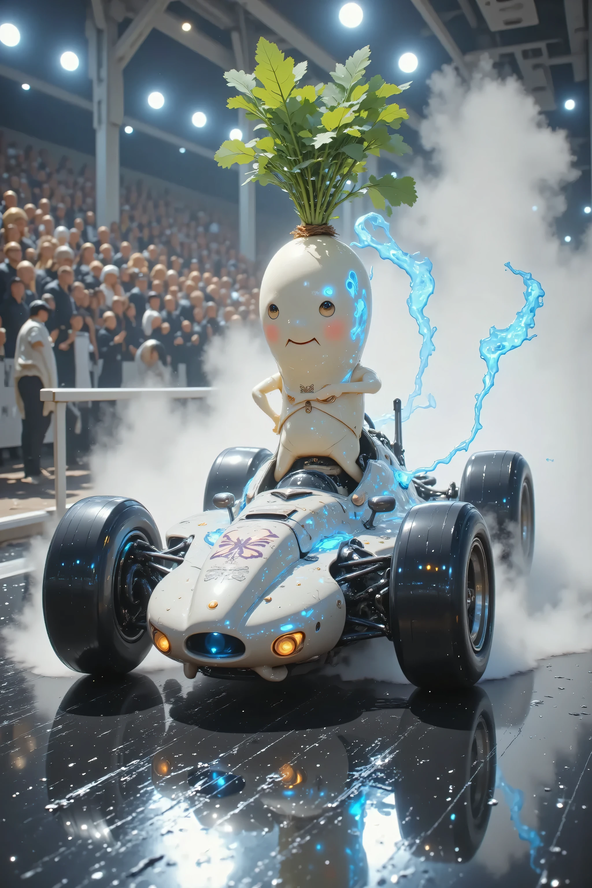 An ultra-realistic, maximum-resolution F1 race scene shot with a Fujifilm GFX 100S, delivering unparalleled detail and texture. A Formula 1 car with a lustrous metallic body rockets down a wet racetrack, its surface etched with striking blue flame motifs that shimmer through the spray. Piloting the beast is a daikon radish driver—its white, root-like form and green leafy crown squeezed into a racing helmet—gripping the wheel with fierce determination as the car hits peak velocity. Blue flames blast from the exhaust, cutting through the misty air with a powerful roar, their texture vivid in the Fujifilm’s medium-format precision. The background blurs with rain-soaked grandstands and a hint of champagne mist, framing the car’s raw energy in flawless, high-quality detail.


