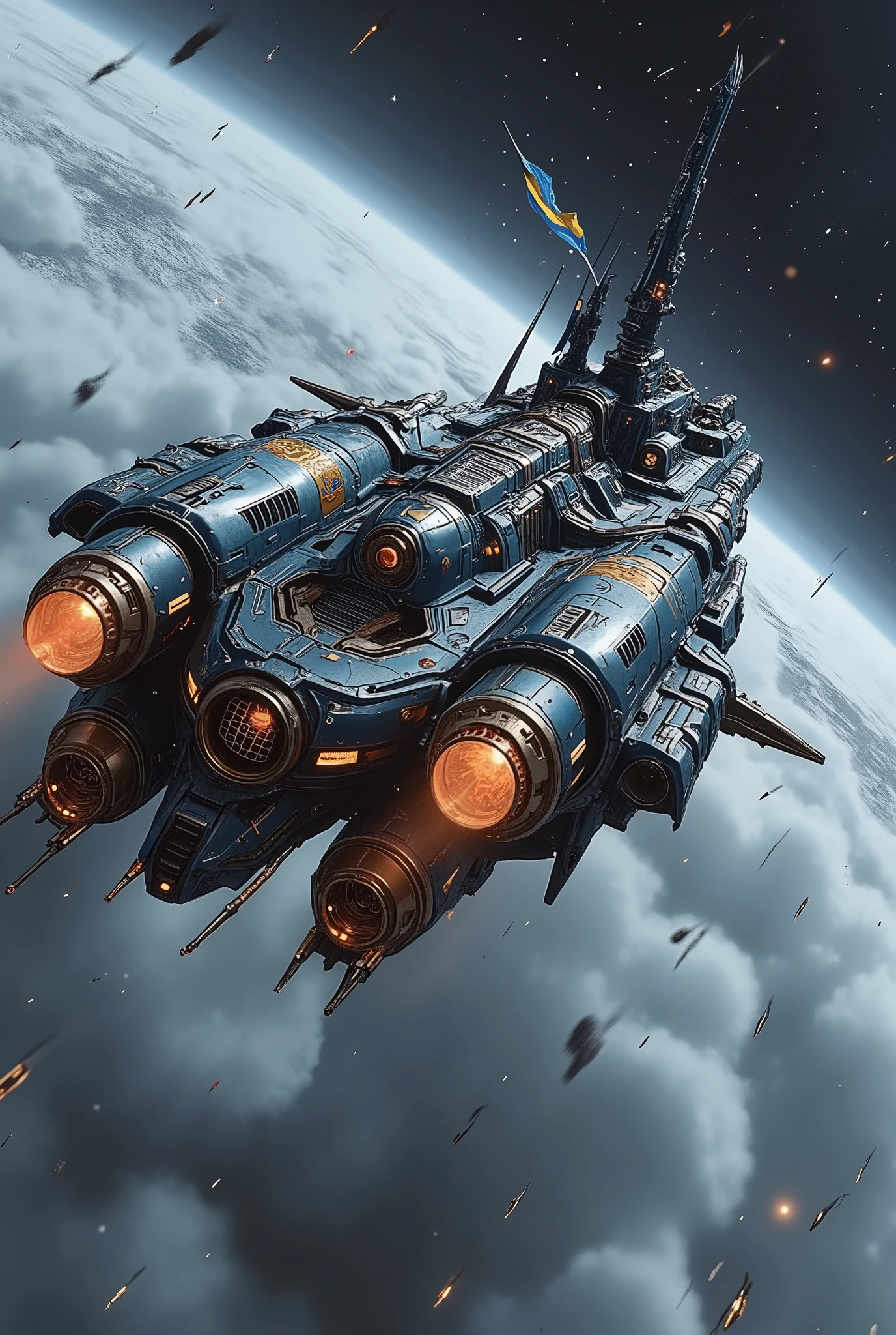 (Masterpiece, ultra-realistic, 32k, best quality, hyper-detailed, cinematic lighting, reversal film photography, film grain, intricate textures, photorealistic, dramatic composition, immersive depth, trending on ArtStation.) (Sci-fi medieval fusion, gothic-mechanical architecture, cybernetic decay, divine yet eerie atmosphere, banners fluttering, ) Empty interstellar cosmic background, The giant space Battle cruiser wandering through. (Sci-fi medieval fusion, gothic-mechanical architecture top, Byzantine styles, towering spires, )(A dynamic wide-angle shot, with volumetric lighting, deep atmospheric contrast, and high cinematic tension, evoking a sense of solemn reverence and otherworldly power.)
