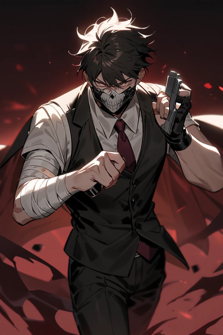 (best quality,masterpiece:1.2,detailed details,4k),((masterpiece)), ((best quality)), (ultra-detailed), anime style,Mafia, male, 45 years old, exuding a dangerous aura, white skin, well-proportioned figure, handsome face, ivory skin, strong physique, red eyes, brown hair, prominent eyebrows, intricate and detailed retro gun tattoos on both arms, black jacket, pants and gloves, and a stern face. A cigar is biting on his mouth, anime