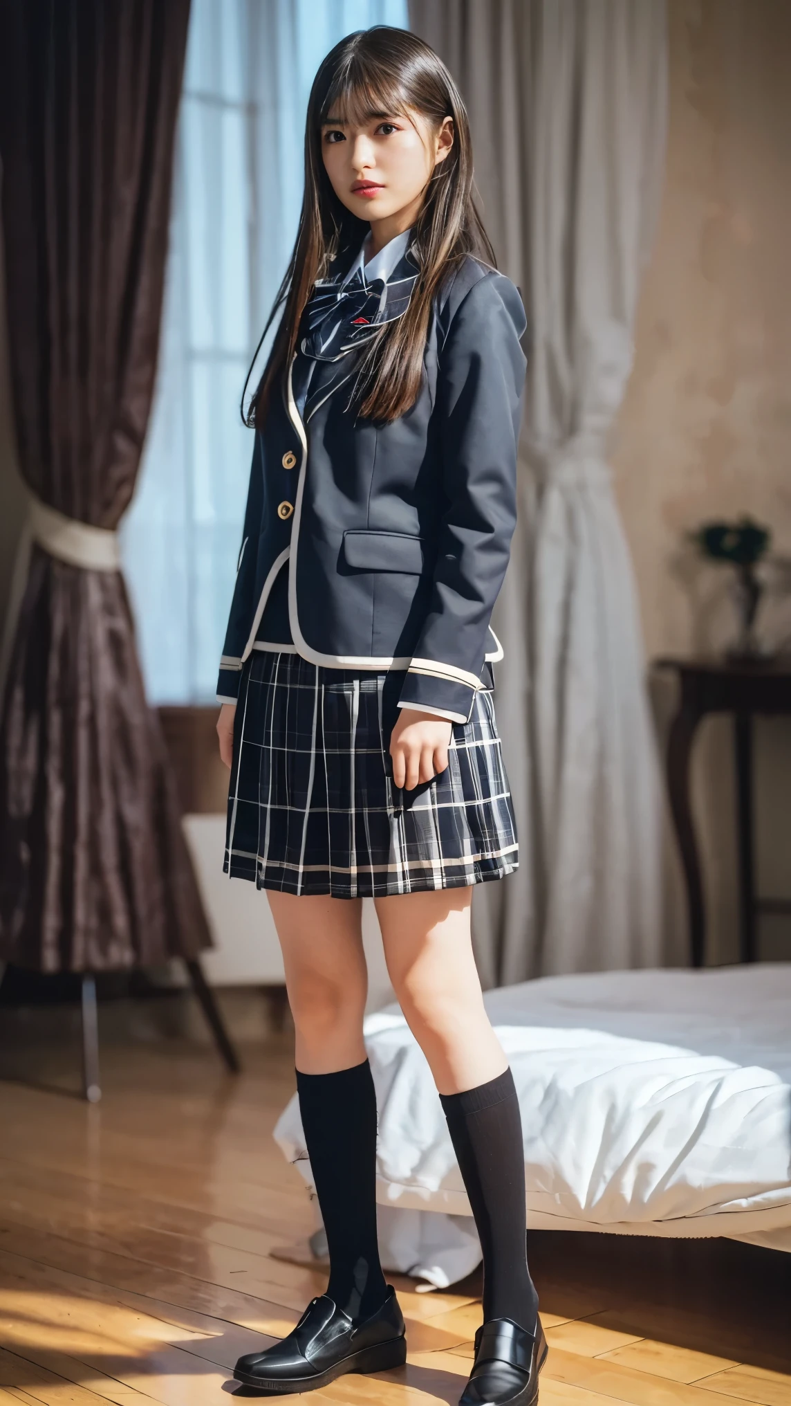 girl, Japanese High School Girls, ((uniform)), upper body, masterpiece, Best Quality, Best Quality, Movie Lighting, ( Stereo lighting ), extremely detailed CG unity 8kの壁紙, Concentrated, extremely detailed, surreal , photorealistic on the bed, sharp concentration,  absurd, (high resolution:1.2), (high contrast),  photos by 1 velcro, Detailed and Complicated, instagram, portrait, very detailed, Digital Painting, Art Station, concept art,  smooth, sharp concentration, illustrations, Movie Lighting, viewer holding their own hair, (standing), ((Hipshot:1.6))