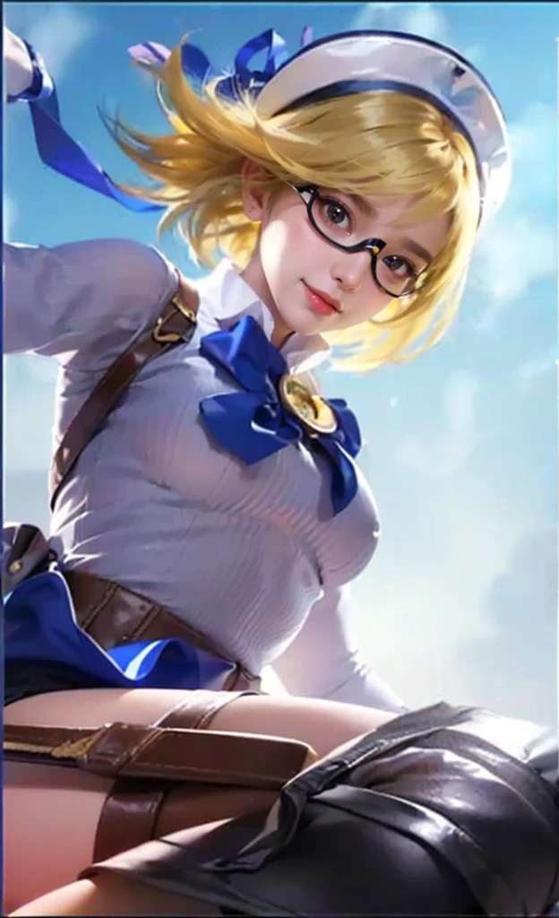 (8k, RAW photo, best quality, masterpiece: 1.2), realistic, ((photorealistic:1.7)), 1girl, glasses, hat, blonde hair, blue bow, blue ribbon, solo, sky, breasts, outdoors, beret, blue sky, weapon, day, short hair, long sleeves, looking at viewer, medium breasts, bangs, shirt, skirt, bow, realistic, ribbon, cloud, lips, white shirt, blue skirt, (blush, lovely face)