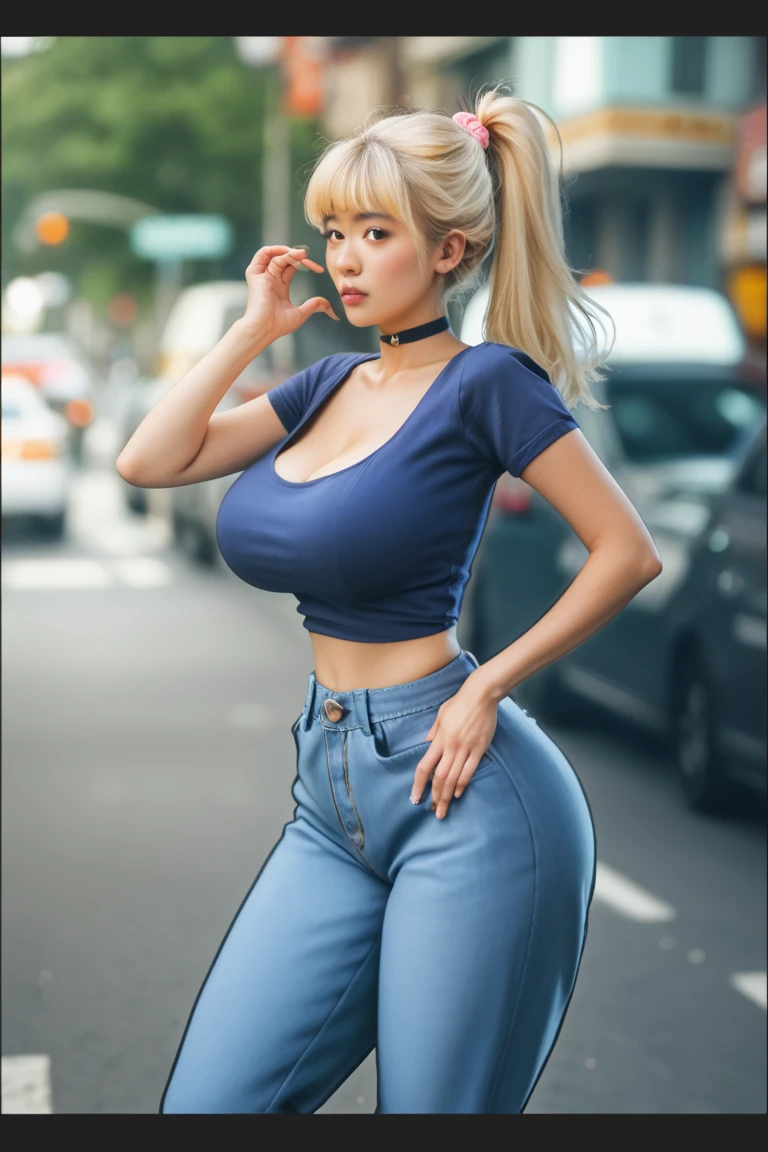 (masterpiece, best quality:1.2), solo, 1girl, lucy heartfilia on a crowded train, smile, looking ta viewer, twintails, blonde,(((cameltoe:1.2, huge breasts))), (skin thight skinny jeans ), perfect teeth, slender waist, wide hips, (cowboy shot, thick thighs), (handles on hips:1.1), (hhips:1.2)