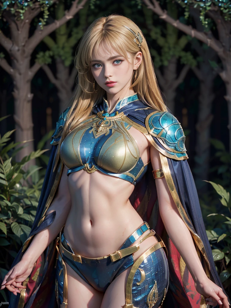 kusari armor, glowing, tall, thin, heart-shaped face, olive skin, blonde hair, shoulder-length hair, fine hair, formal updo, hips, a dramatic cliffside with rough waters below,