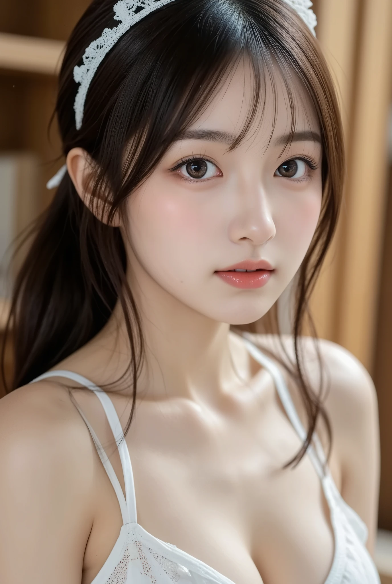 (masterpiece, the best_quality, 8K, Ultra-high resolution, perfection:1,shining eyes, shy, Blushed, Moist oily skin, Large Breasts, Overflowing big breasts, Korean Goddess,Wearing a one-piece dress,No sleeve,Off-the-shoulder dresses,Large Breasts,Gorgeous Korean model, Beautiful young Korean woman, Thick lips,Duck mouth,Asian Girl,Emphasized breasts,Ultra HD,CG-like face,In town,Outdoor,Please go outside.,Detailed face