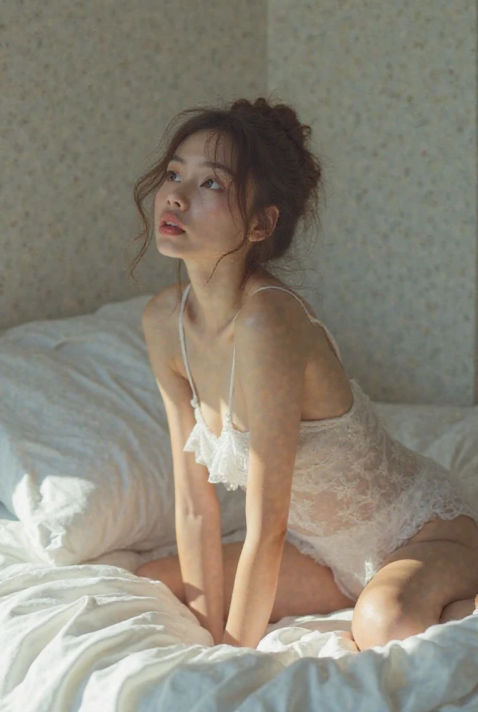 (((highest quality,Very detailed,masterpiece,Very detailed))) ,(((Bend your knees))),loose breast,See-through,camisole,one piece,barefoot,One Girl,Realistic,Lying down,Bedroom、Looks sleepy