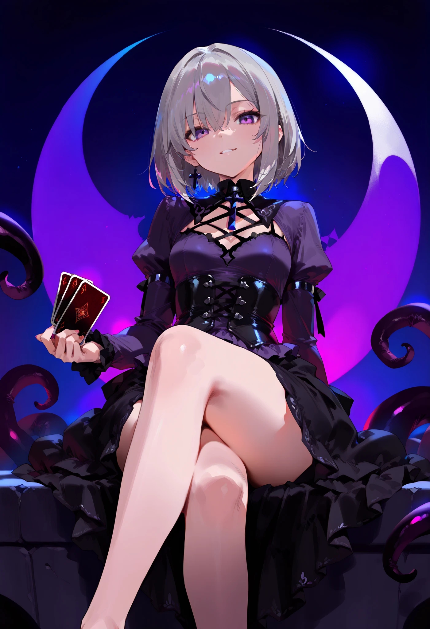 Black Onyx、、teens girl、Silver midium hair、pink eye、Fantasia、Gothic dress、Black Diamond、peridot、Ametrine、Golden Sapphire、Shoulder out、From the top、Show your feet to your audience、 (Presentation of the legs), From the top ,1girl in, Solo, breasts are small, Side hair ribbon, Sleeveless, sole of feet、Shy laughter、Mole under the eyes、sit a chair、Patsun bangs