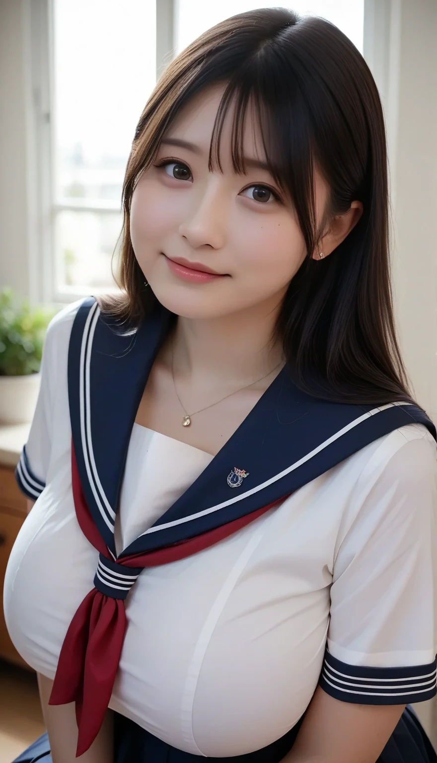 8K, realistic ,score_9, score_8_up, score_7_up, score_6_up, score_5_up, score_4_up, Masterpiece, Detail, Beautiful Cute Girl, Detailed, Best Quality, Perfect , Super Detailed Skin, 
Eurasian girl, cosplayer, 25 years old, (:1.3), thick legs, 
sailor school uniform, happiness, 
from front, in room, focus , focus 