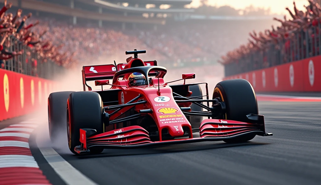 F1 Racing, RED color, background of a cheering crowd