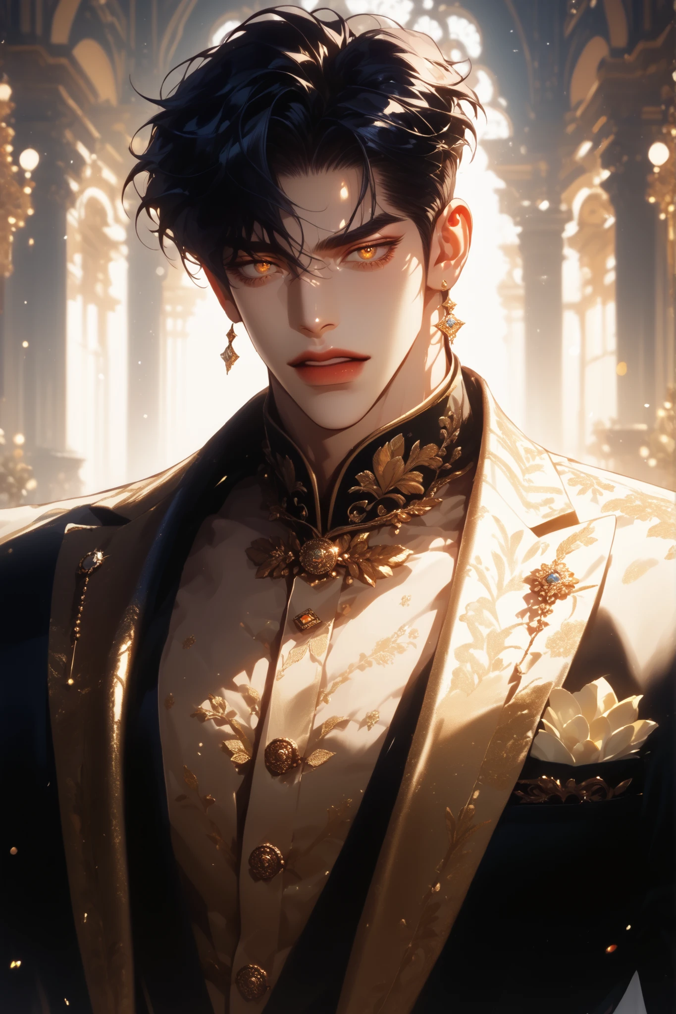 impasto, cool manga style, short hair, high quality, extremely detailed, extremely delicate line, amazing color, masterpiece, 1 man, tall, mascular, handsome, black hair, amber eyes, sharp eyes, lower-sanpaku eyes, slightly parted lips, handsome, fashionable suit, night shadow, overhead shot, ballroom gala background, bokeh lights, pixiv art
