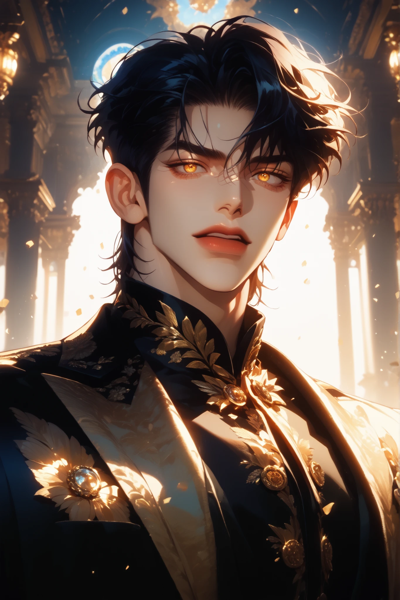 impasto, cool manga style, short hair, high quality, extremely detailed, extremely delicate line, amazing color, masterpiece, 1 man, tall, mascular, handsome, black hair, amber eyes, sharp eyes, lower-sanpaku eyes, slightly parted lips, handsome, fashionable suit, night shadow, overhead shot, ballroom gala background, bokeh lights, pixiv art