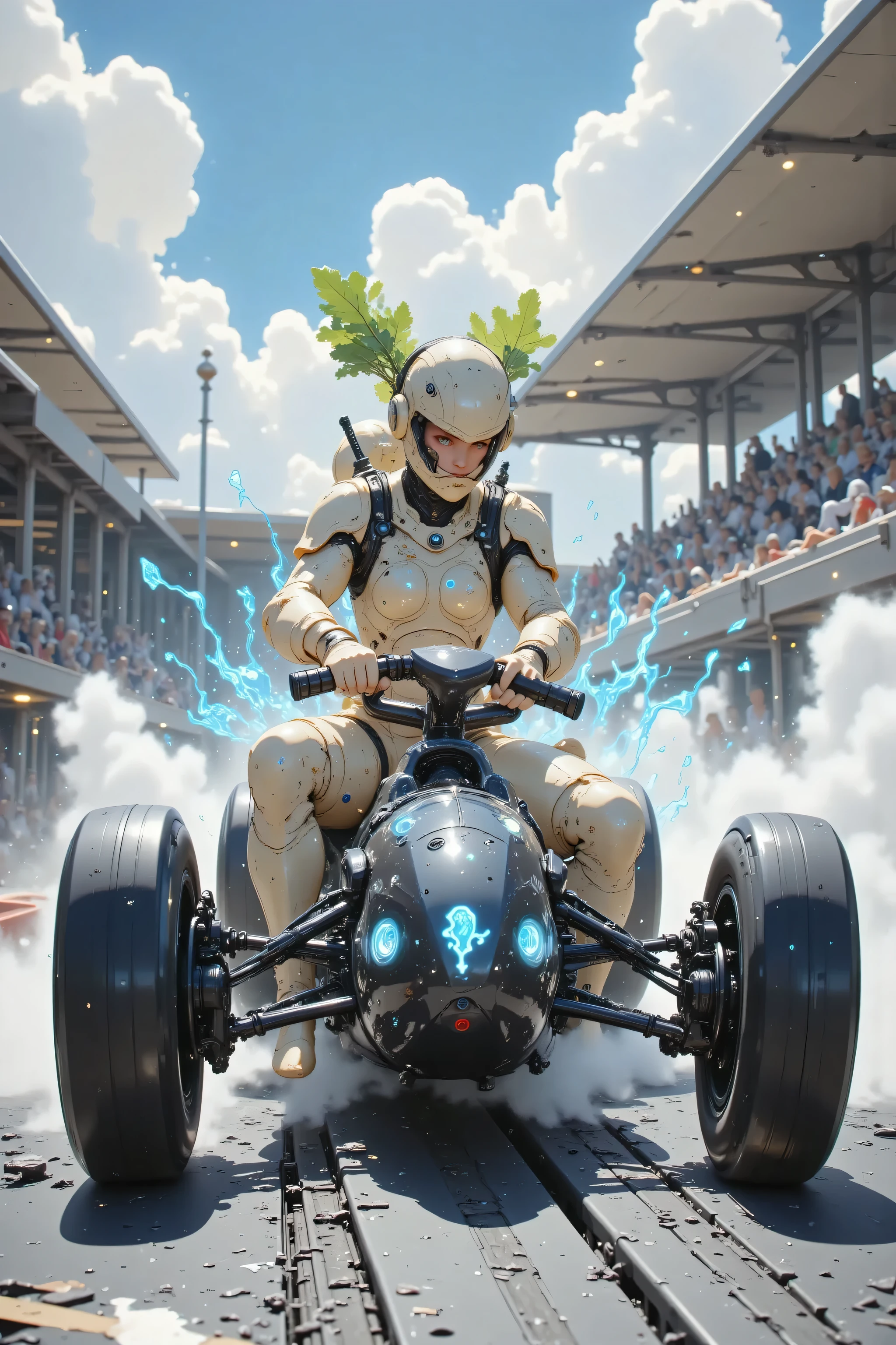 Canon EOS-1D X Mark III, high speed. An ultra-realistic F1 race scene captured with a sparkling metallic body A smart F1 car with a sparkling metallic body、drives through the truck at breakneck speed。, on its aerodynamic frame、is decorated with a bright blue flame decal that appears to ignite in sunlight。. in the cockpit, anthropomorphic radish holds the wheel, white, The shiny skin and top with green leaves can be seen through; the helmet, that has an absurd yet powerful presence. bluish flames erupt from the car's exhaust, Freeze the、high speed It emphasizes raw power while breaking through a straight line. and the background is blurred by the grandstand and clear sky, 、Canon's rapid shutter reveals all of its sparkling rivets, tire tread, and amazingly sharp details.