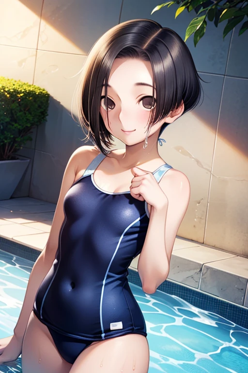 (masterpiece, best quality:1.2), (((anime style))), solo, 1girl, 15age, aarinko, short hair, dark blue hair, bob cut, (open forehead:1.0), (short hair with ear coverage:1.4), asymmetry hair, bashful, medium breasts, looking at viewer, (full-face blush), embarrassed, BREAK, top-quality、Full limbs、complete fingers、Slender beauty、White knee-high、white school swim suit、Expression of distress、Pained face、Recurve the body、wriggling the body, Wet texture, reinopool, pool, indoors,