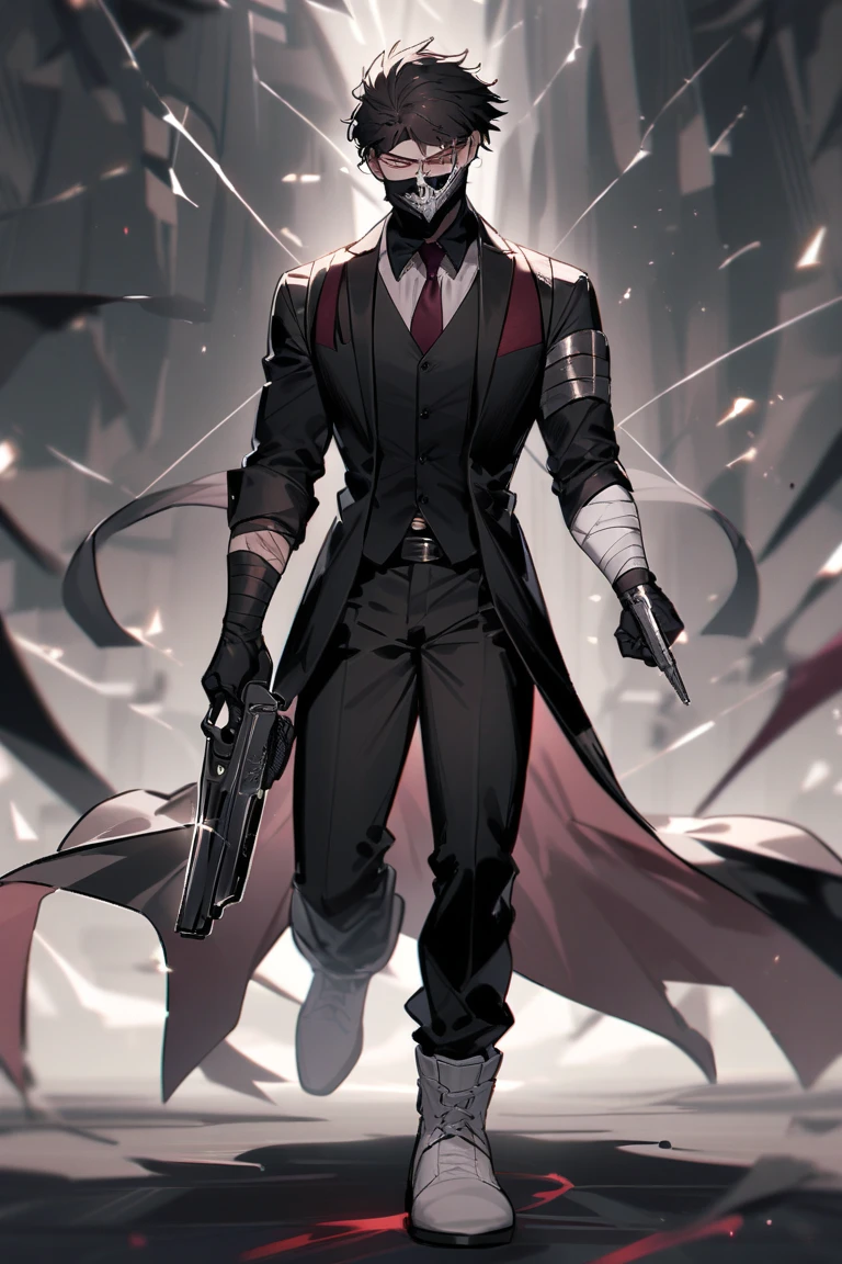 "Male character wearing a black dress shirt and wine-colored tie,suit vest black,black pants, and white boots. Holding a silver pistol and a black karambit. Skull mask covering lower face, bandage wrap on arm. Very short military-style hair, serious eyes. Face scar with circuit-like symbol when unmasked."
