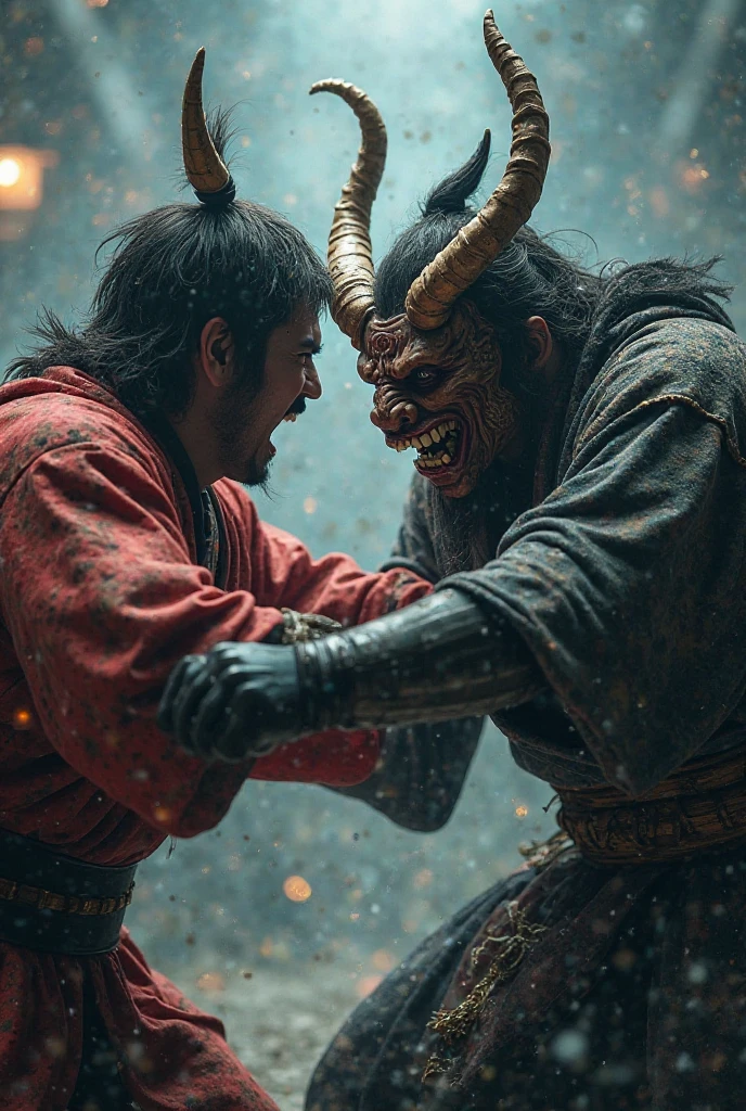 Top quality, masterpiece, oriental ancient background, two creatures wearing complex red masks, monster-like creatures, complex mechanical bodies, science fiction, detailed science, life science, wearing shabby traditional oriental clothes, detailed image textures, bizarre, horror, creepy atmosphere (not AI image), cloudy weather, foggy, low-color image, eerie, holding a sword, characters filling the screen, images from various angles