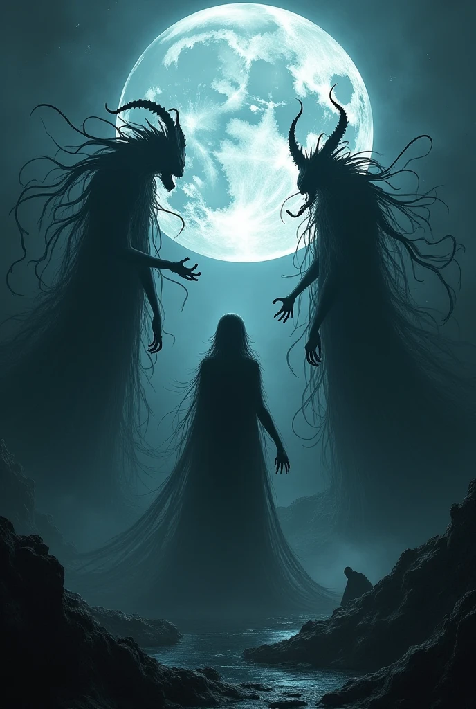 A hauntingly beautiful dark fantasy scene captures a woman lying prone on the ground, shrouded in darkness with only her glowing eyes visible. Her face is enveloped in the shadows of night, and she is surrounded by eerie, otherworldly creatures with distorted, twisted forms. The ominous atmosphere is heightened by the swirling clouds in the sky, casting an eerie glow that intensifies the sense of dread and foreboding. The vibrant, high-quality rendering of this scene immerses the viewer in a cinematic experience, as if the dawn is the only barrier between her and the unknown darkness that looms. This captivating image draws inspiration from the traditional Japanese art form of ukiyo-e, creating a mesmerizing blend of ancient and modern styles., ukiyo-e, cinematic, vibrant, photo, dark fantasy