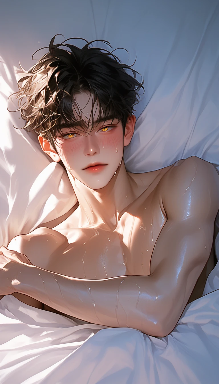 18-year-old boy, Upper body naked, White briefs ,Smooth Skin, Lie down on the futon, Black Hair, Eye-level shot, Thin、Beautiful Boy