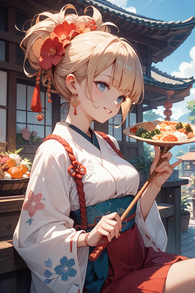 One girl,waitress,Blonde,Twin tails,Bun hairstyle,Curly Hair,short hair,Red Chinese clothing,Blue Eyes,blush,Mouth wide open,A very happy smile,Energetic girl,Girl with small,Small breasted girl,Small  Girls,,flat chest,Chinese restaurant,Flat ,Gorgeous interior