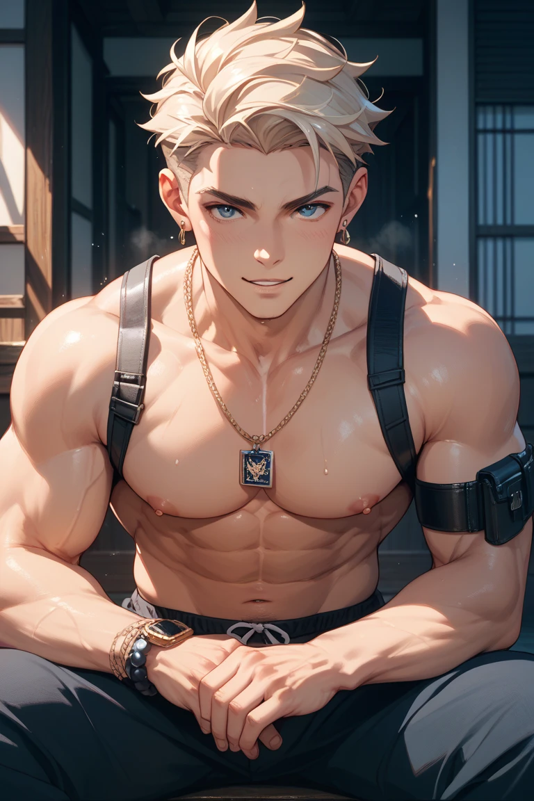 ((the best quality)), ((Masterpiece)), (details), perfect face, high definition, Masterpiece,4k,details clearly, Handsome face, white skin, perfect body, male body, strong muscles, wavy abdominal muscles, Abs, dark Brown eyes, white skin, The most handsome man in the world, handsome, The coolest face, Male characters, challenge, Show off your body, Strong breasts, beautiful eyes((eyes detailed, Open eyes)), look clearly., Gray Hair, short hair((hair detailed)), mouth detailed, combat, 1man, nipples detailed, Japanese pants, man, tall man, Storytelling images, ((extremely realistic shadows), shirtless, eyes contact