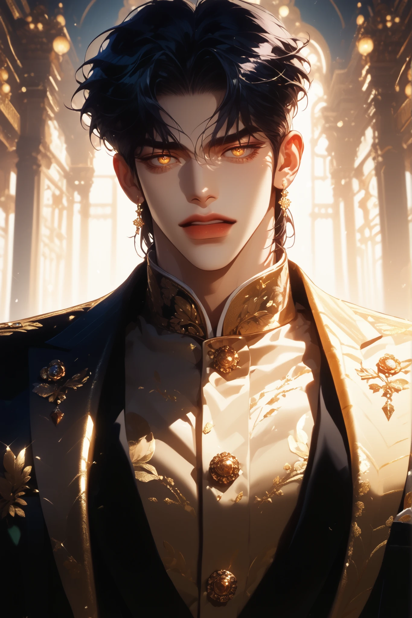 impasto, cool manga style, short hair, high quality, extremely detailed, extremely delicate line, amazing color, masterpiece, 1 man, tall, mascular, handsome, black hair, amber eyes, sharp eyes, lower-sanpaku eyes, slightly parted lips, handsome, fashionable suit, night shadow, overhead shot, ballroom gala background, bokeh lights, pixiv art