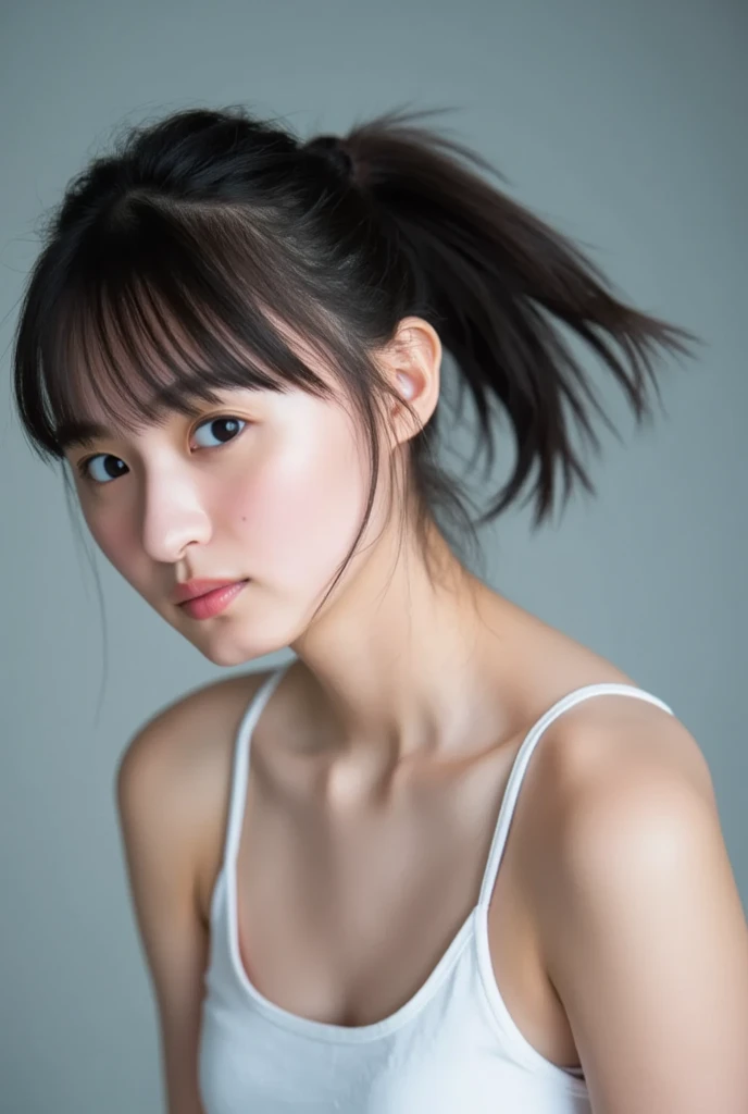 (highest quality,masterpiece:1.3,ultra high resolution),(Super detailed,caustics,8k),(photorealistic:1.4,RAW shooting),1girl,(look down at the camera),(front shot:1.1),(face forward),1,cute,Japanese,black short ponytail,sleeveless dress,(small breasts),(big boobs),(close up),(breast focus),street,sunshine,Natural light,(Backlight),(A bright light shines from behind),(Lens flare),professional writing,(cowboy shot),(low position:1.3),(Low - Angle:1.3),sad,cleavage