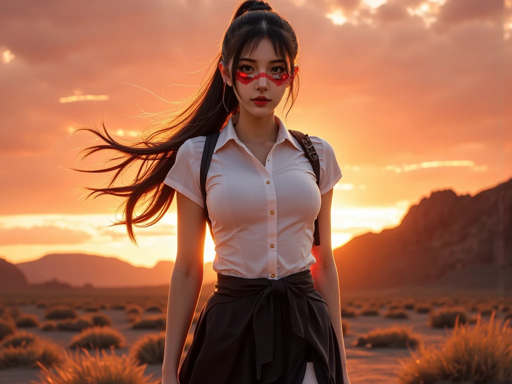 1girl, white crop top, navel, black skirt, black hair, long hair, straight hair, outside, sunflowers, red scarf, sunrays, watch, green eyes, bare arms, elbow squeeze