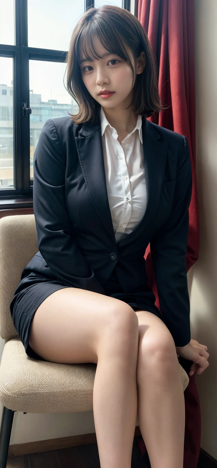 Actual photo、Highest im年 quality、Beautiful woman、Beautiful thighs、Beautiful Face、Uniform Ponytail、Yuriko Yoshitaka、Japanese women、pretty girl、skirt、Beautiful thighs、pumps、Sit on a chair、(front:1.6)、（Open your knees:1.4)、Panty shot、