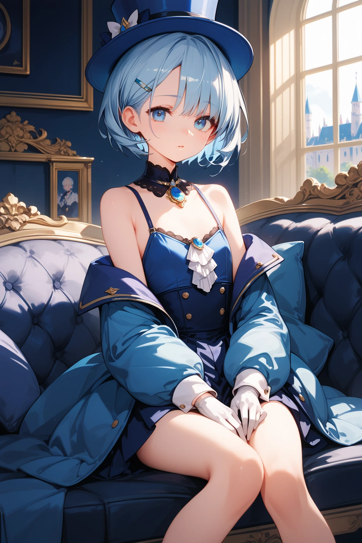 looking away, embarrassed, blush, Keep one's mouth shut, very short skirt, looking away, sitting and spreading crotch, embarrassed, blushing, crying, mouth closed, street, (Masterpiece, Slim Body, Delicate Fingers: 1.2), Best Quality, (Illustration: 1.2), (Hyper Detail), Eye Focus, Ultra Detail, (Fine Detail), (Intricate Detail), HDR, (Ultra Detail: 1.15), (Soft Light: 1.2), (1 girls) , White hair highlights with blue, cyan eyes, teenager, lady nobility cloth, costume with blue accents, white shirt, blue jacket, short white skirt, medium short hair, solo, wearing gloves, left white gloves, black right gloves, multicolored hair, ahoge, ascot, black ascot, long sleeves, butterfly, frilled sleeves, mismatched gloves, thigh straps, small breasts, full portrait of elementalist, mismatched pupils, multicolored eyes, high quality, best quality, bare shoulders, (girl leaking pee)