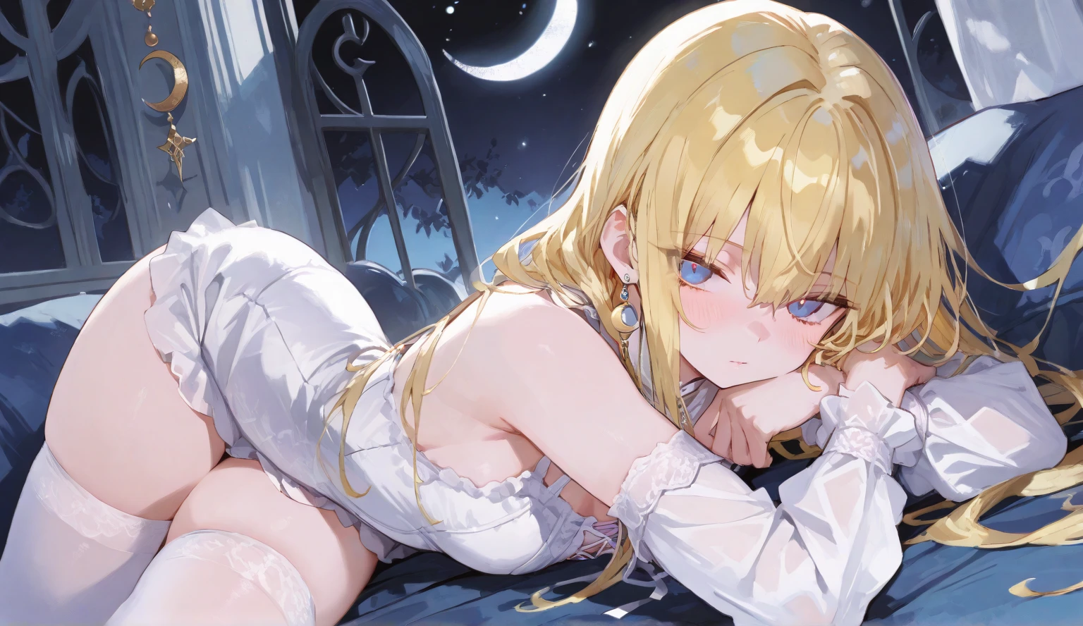 masterpiece, high quality, 4K, Beautiful design, silhouette,blonde, 非常に詳細な夜のStarry Sky,Flower Field, wonderful, Finer details, Very knowledgeable woman, Highly detailed solo, 1 female,Big Breasts,Gothic Lolita Fashion,During tea time,Night view,Starry Sky,full moon,