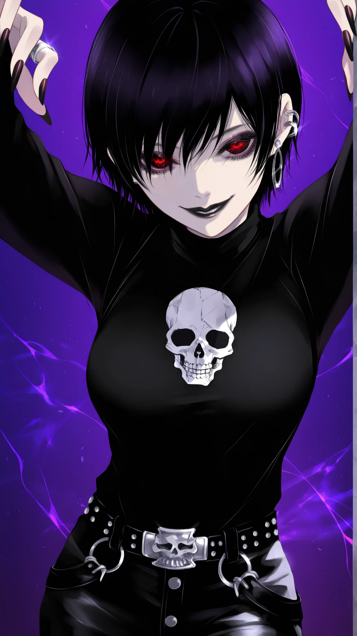a woman with short black hair, cabelo nos ombros, black skin color, wearing a black cropped and plaid skirt, purple eyes, gothic art, cute aesthetic with vibrancy, cartoon aesthetic, wearing black costume, using gothic accessories, looks like Cassie Hack, trunk, holding a skull in his hand, horror background