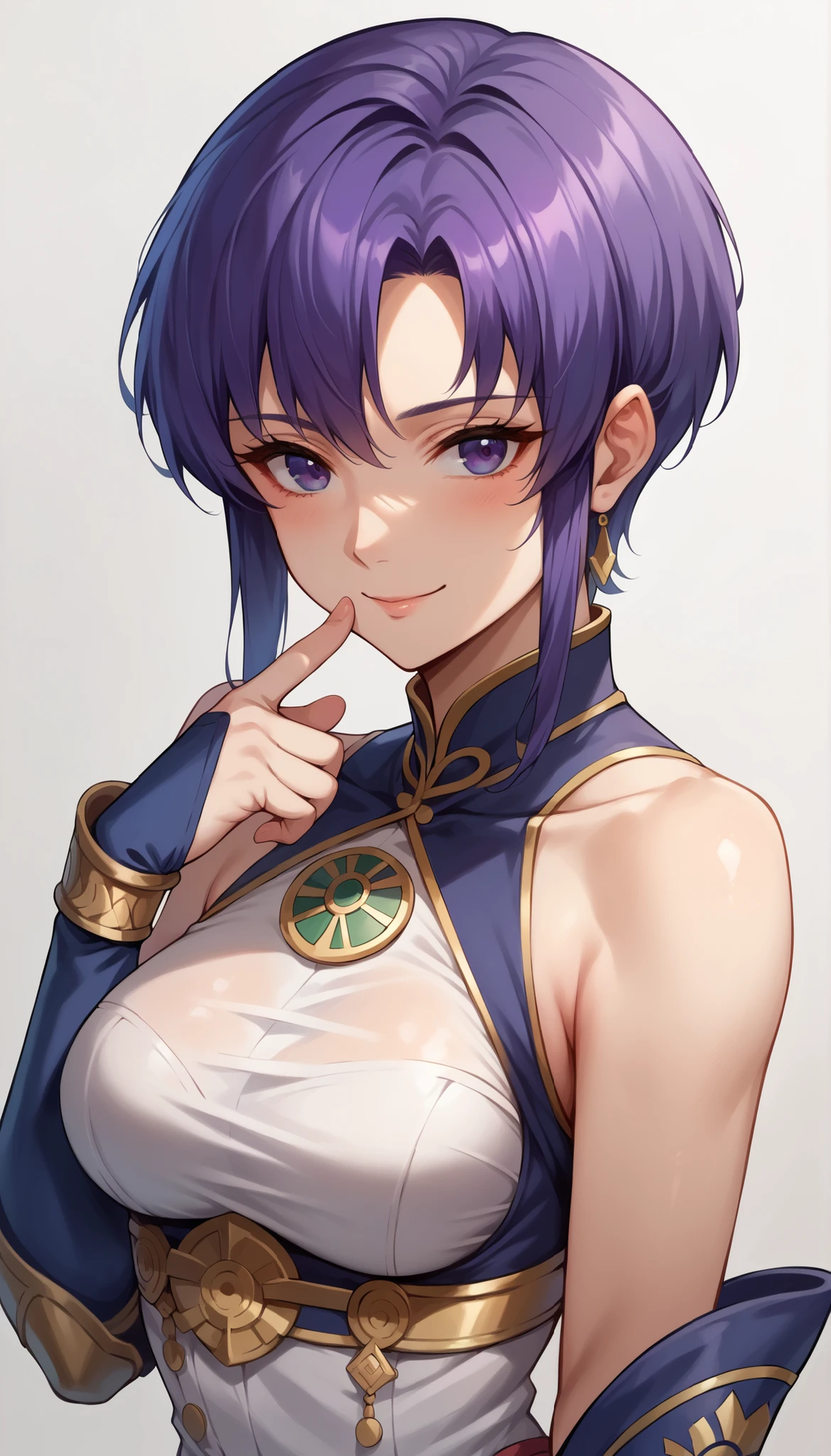 1 Female, simple background, white dress, dress with frills, shoulder out, See-through Ear Covers, Elbow pads, Pat yourself on the cheek with your finger, Ursula (Fire Emblem), short hair, violet hair, upper body, medium breasts, kind smile, closed his mouth, Ursula,