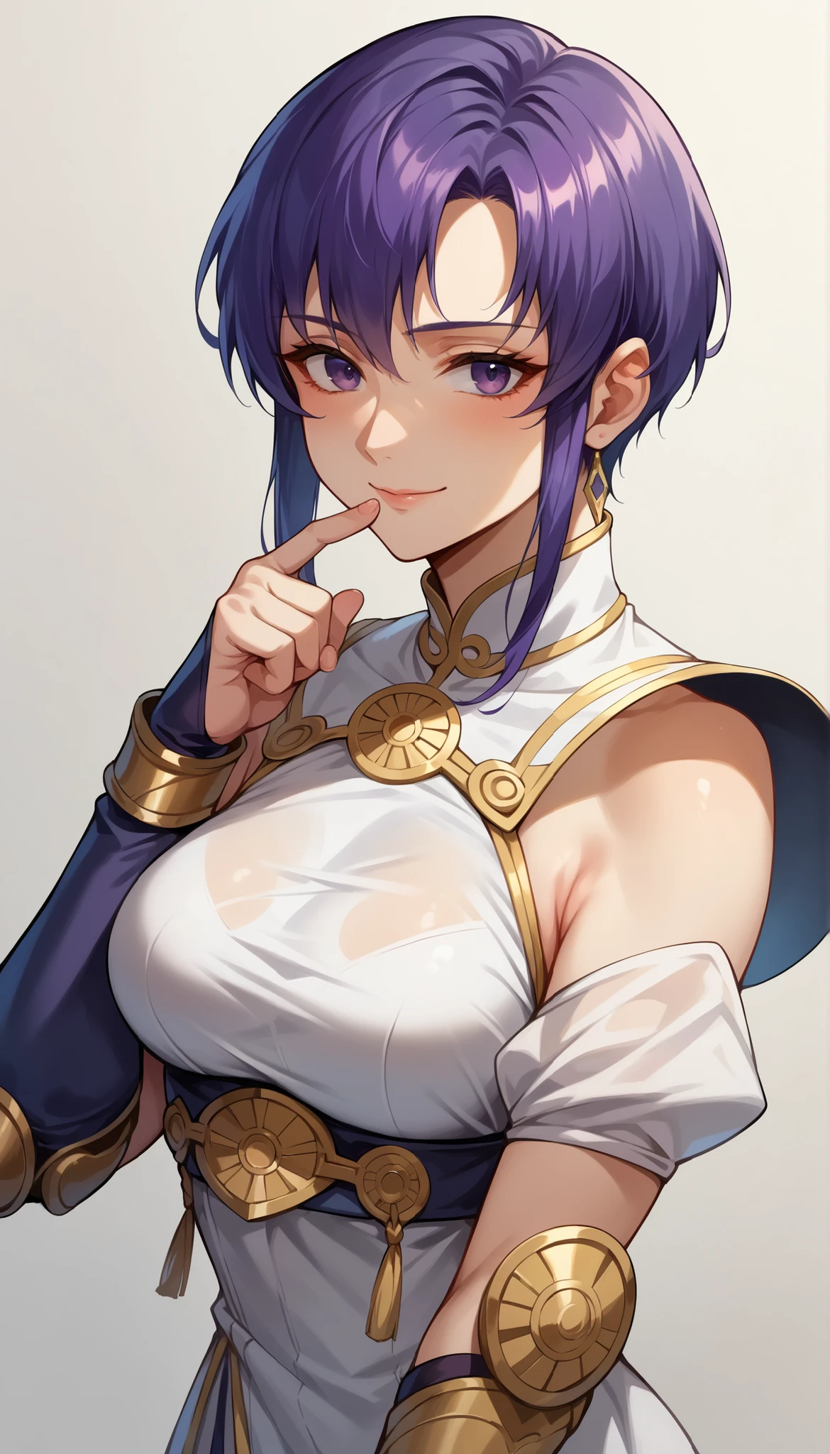 1 Female, simple background, white dress, dress with frills, shoulder out, See-through Ear Covers, Elbow pads, Pat yourself on the cheek with your finger, Ursula (Fire Emblem), short hair, violet hair, upper body, medium breasts, kind smile, closed his mouth, Ursula,