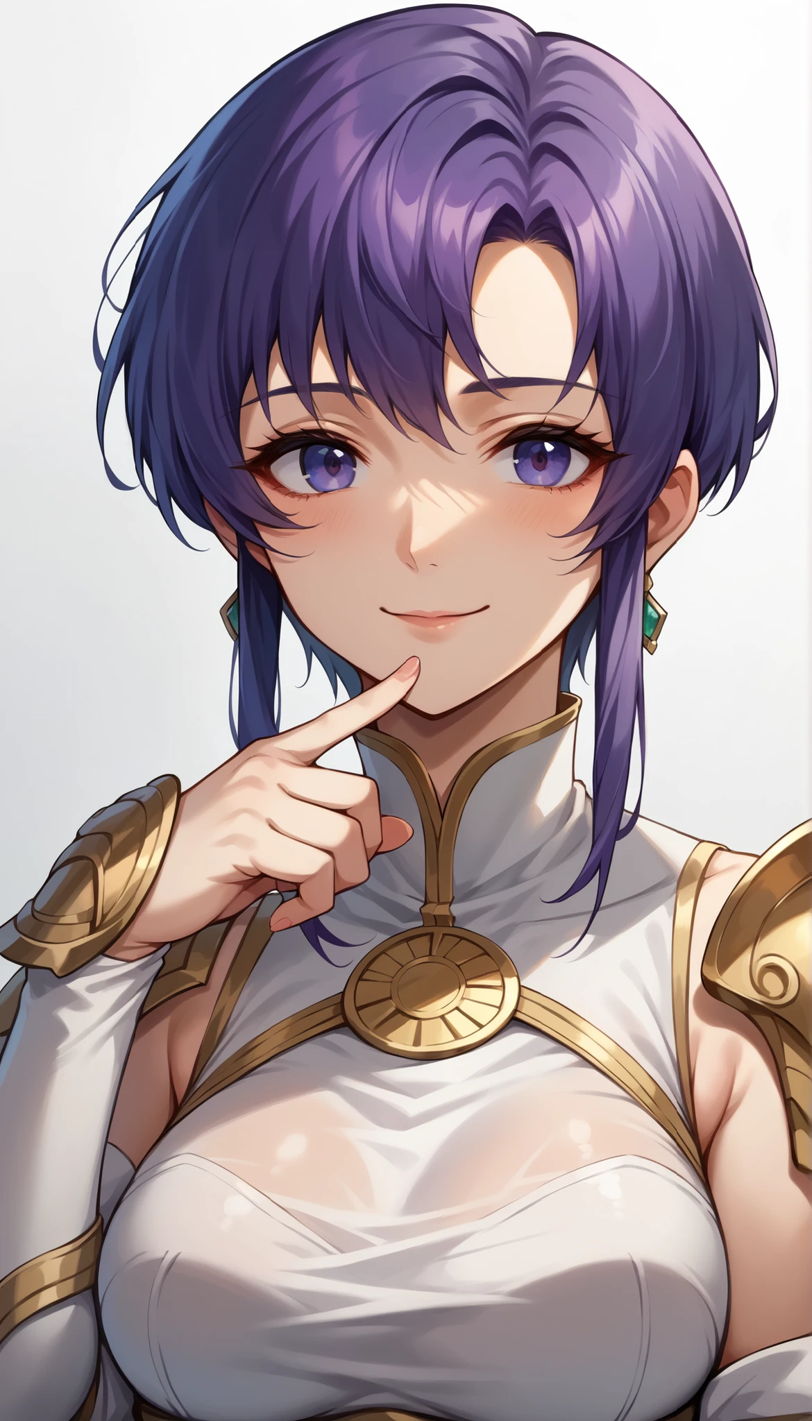 1 Female, simple background, white dress, dress with frills, shoulder out, See-through Ear Covers, Elbow pads, Pat yourself on the cheek with your finger, Ursula (Fire Emblem), short hair, violet hair, upper body, medium breasts, kind smile, closed his mouth, Ursula,