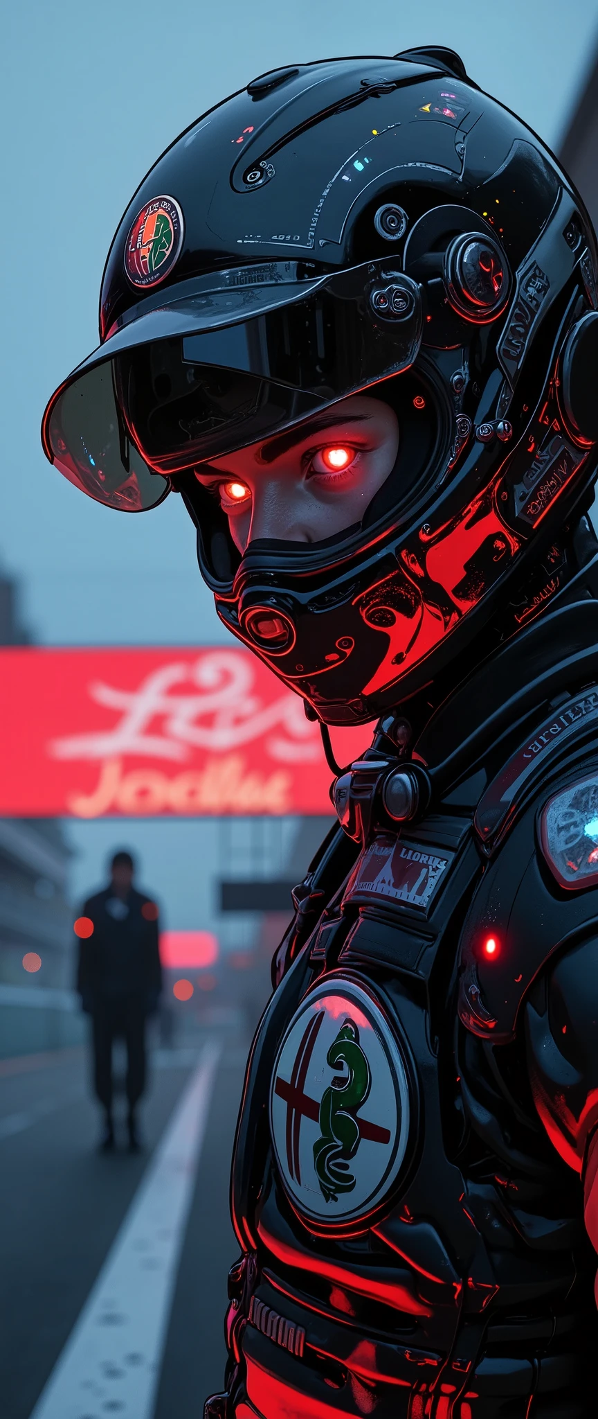 F1 Race Scenery,team" Alfa Romeo",Mysterious Effects,Detailed lace pattern,high quality,realistic,HIGH QUALITY,delicate texture,Detail Focus,Real Time Action,Driver Focus Face,Speed and Momentum,Pit Crew Movement,Smoke and Exhaust Textures,bright lights alone,Rich colors,4K,photographer style,professional body with clothes