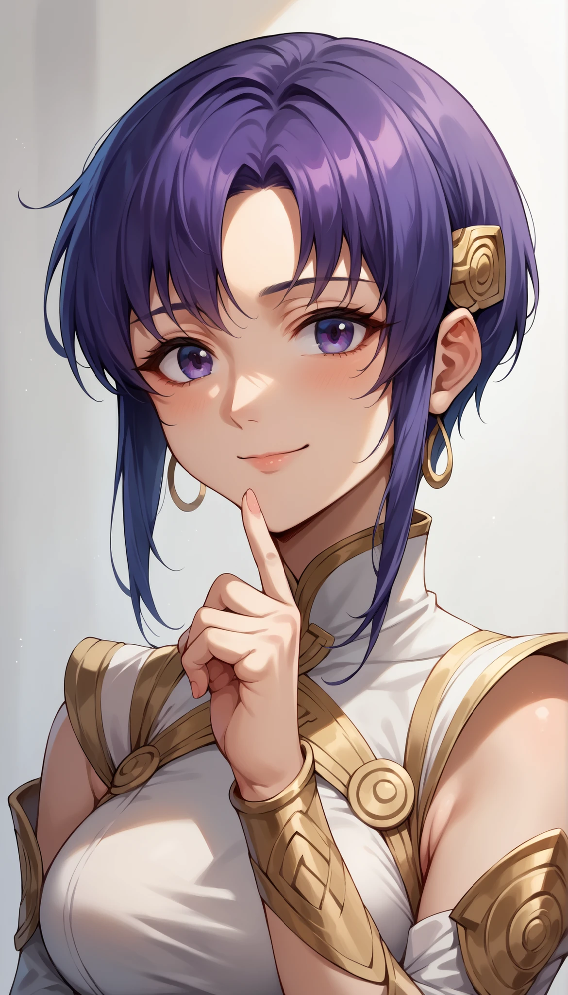 1 Female, simple background, white dress, dress with frills, shoulder out, See-through Ear Covers, Elbow pads, Pat yourself on the cheek with your finger, Ursula (Fire Emblem), short hair, violet hair, upper body, medium breasts, kind smile, closed his mouth, Ursula,