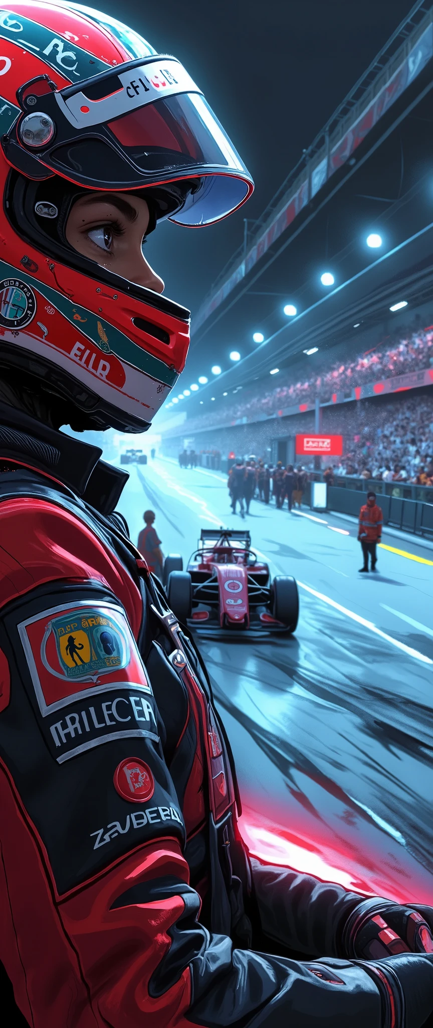 F1 Race Scenery,team" Alfa Romeo",Mysterious Effects,Detailed lace pattern,high quality,realistic,HIGH QUALITY,delicate texture,Detail Focus,Real Time Action,Driver Focus Face,Speed and Momentum,Pit Crew Movement,Smoke and Exhaust Textures,bright lights alone,Rich colors,4K,photographer style,professional body with clothes