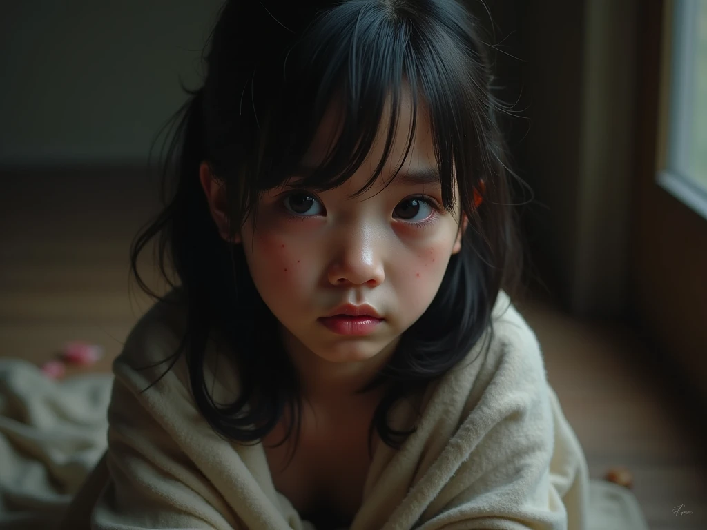 Dark Room, Crying, Crying, Sad face, , Tragic, Ultra HD、32ｋ、Masterpiece、A kindergarten girl、 clavicle, RAW Photo、A girl with big eyes wearing light yellow clothes、Long face, Professional Lighting、Japanese anime style, Crying out loud with mouth open