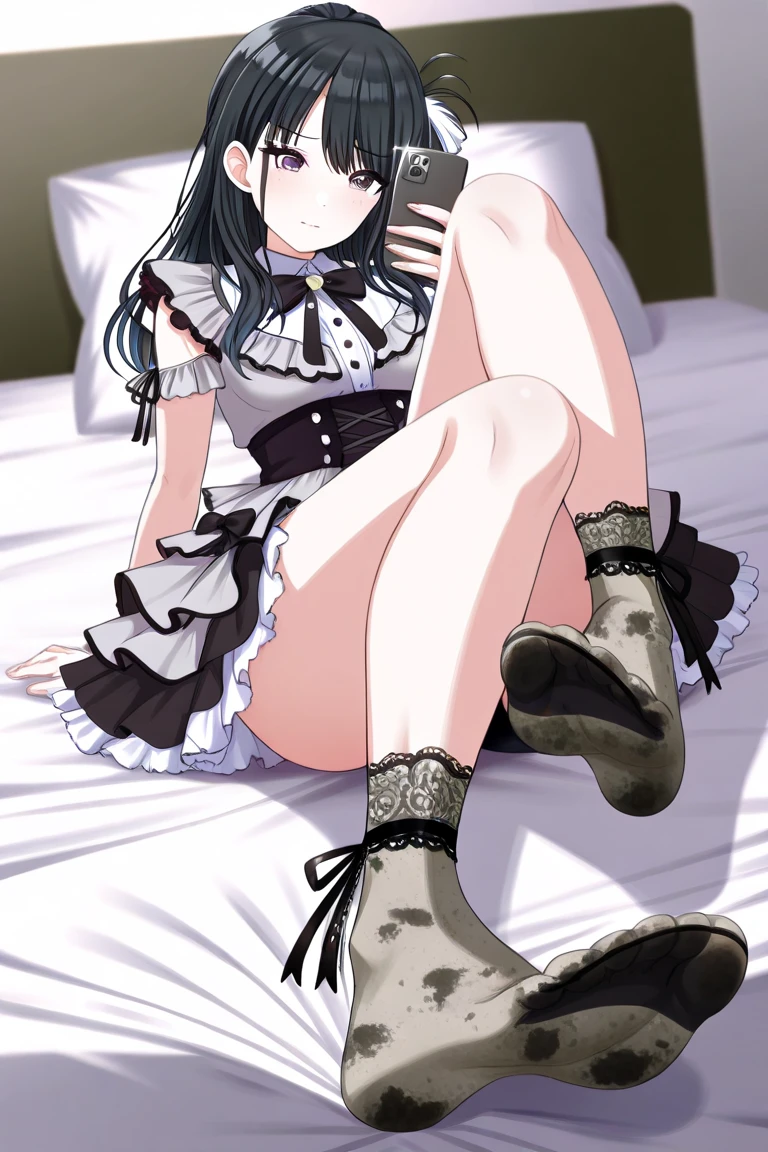 (((Pixel Perfect, Perfect detail))), One Girl, alone, Shizuku Kuroe, headdress, maid headdress, bangs, hair ornaments, Long sleeve, dress, Cleavage, (Purple eyes:1.1), Purple Hair, flower, Frills, tie, hair flower, Wide sleeves, blunt bangs, Manicure, black dress, collar, Cosplay, Compensate, detached collar, Rose, rock, frilled dress, lipstick, Frills袖, red flower, black tie, Leash, purple nails, rock Leash, (Lying in bed:1.3), (I can see her panties:1.3), whole body