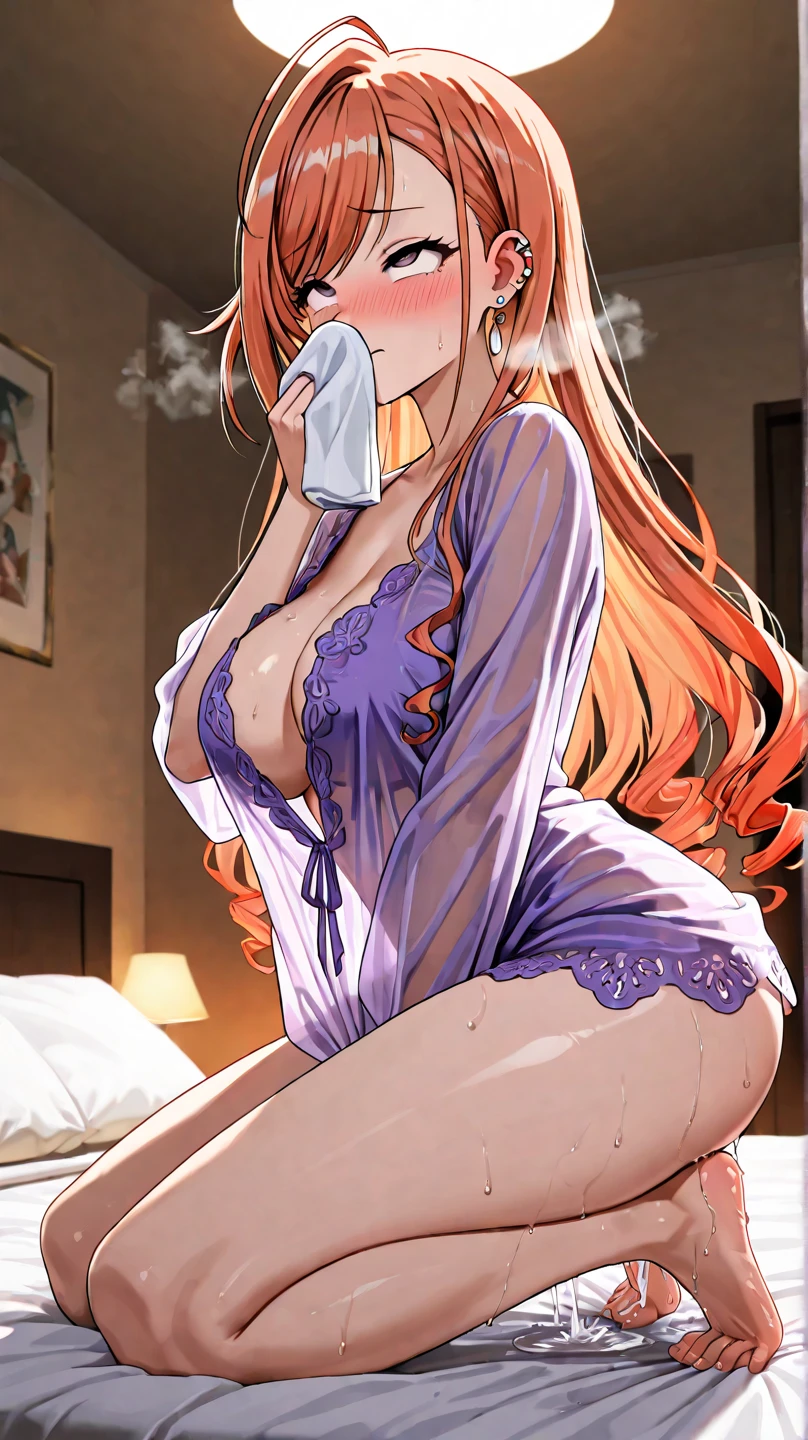 masterpiece, best quality, ultra-detailed, 1girl (namiop, Big and pretty breasts, orange hair, long hair, brown eyes, empty eye, half-closed eyes), a pained face, head tilt, parted lips(teeth), hypnosis, solo, , see-through nightgown, wanostyle, night time, in the bedroom, on the bed, lie down, lying, spread legs, arms up, 1boy, legs grab, sex, hetero, lying sex, sex from front, pussy, penis, cumdrip from her pussy