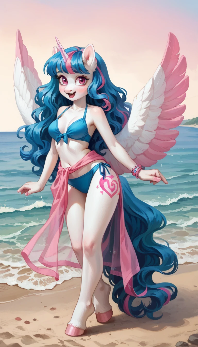 Celestiahuman, Princess Celestia from my little pony, Princess Celestia in the form of a girl, big breasts, lush breasts, voluminous breasts, elastic breasts, visible whole body, shin, heels, feet, five fingers, detailed hands, Big white angel wings behind the back, white feathers, standing against the background of the palace, standing upright, time of day day, white feathers flying, swimsuit, beach, summer, sea in the background, volleyball in hand