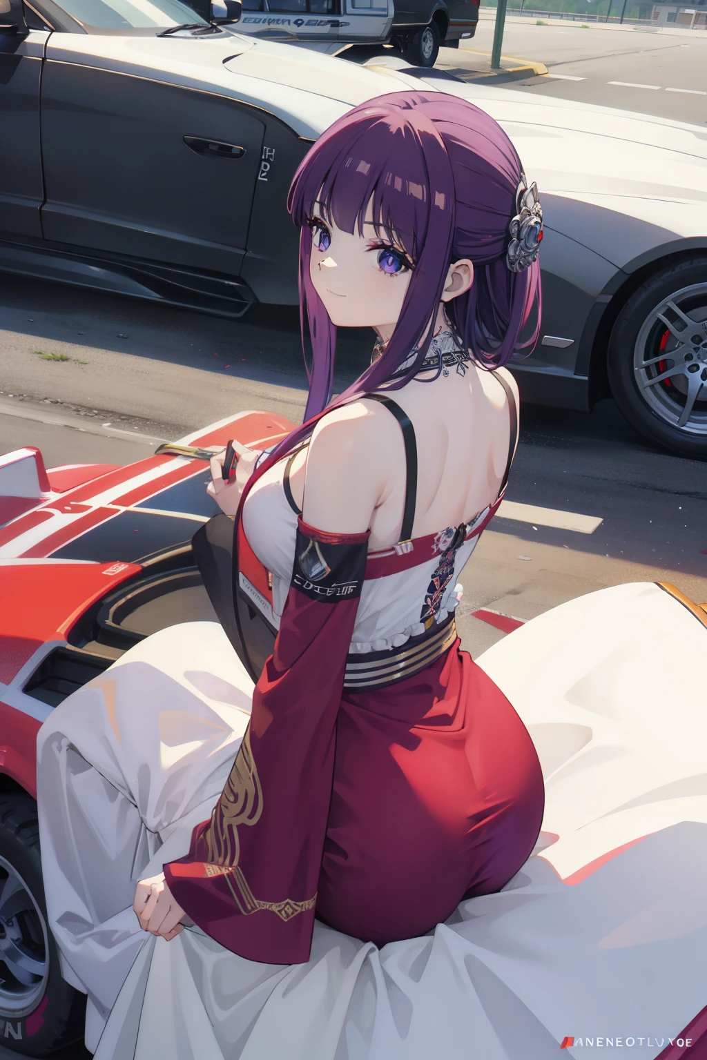 GODDESS of BEAUTY, beautiful dress, image from behind, Car theme, dressed as a sexy F1 racer, looking back at the camera, smiling