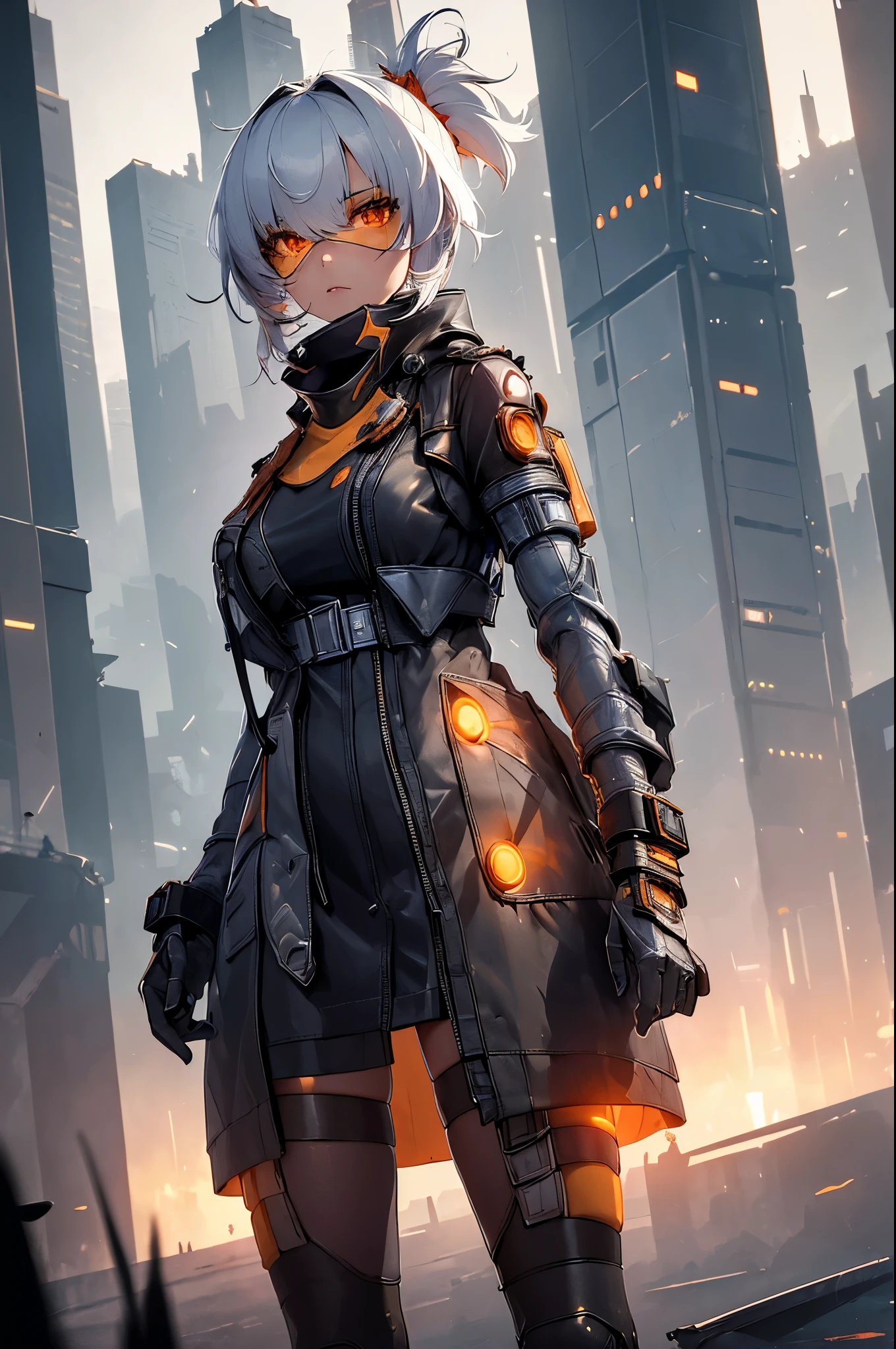 1girl, a beautiful cyborg cyberpunk girl carrying a fantasy weapon, in an aesthetic pose, half mecha outfit, half human skin, wide angle, oil shiny, ponytail, white hair, white and orange and black machine outfit color combination, the body have of machine, realistic futuristic hologram, Asian skin tone, beautiful eyes, beautiful Asian face, cyber ear machine, suit is solid mecha, realistic machine, sci fi scape, manipulation is a masterpiece, long hair, masterpiece, outfit of cyberpunk, realistic sci fi building texture mecha aesthetic, digital cyberpunk, looming over a city, cyber technology, realistic hair, lots of hair, white hair, realistic metal solid texture of building, realistic neon glow, realistic neon sign, wonderful side lighting, fashion, realistic futuristic cyberpunk building, realistic girl robot cyberpunk, fog, foggy, masterpiece of detail, RAW IMAGE, depth of field, point of interest, depth of field is a masterpiece, best photography composition masterpiece, natural realistic hair, rule of thirds masterpiece photography, natural lighting, photography masterpiece natural lighting from the side, realistic skin texture, strong reflection, (pose pinterest) masterpiece beautiful, Devil Horns, head of devil horns, smooth pixel, ray of light, soft light, small breasts, masterpiece of cyber mask, (fantasy weapon, carrying a weapon), orange eyes, detail masterpiece, half human, half robot, cyborg character design, full body cyborg girl
