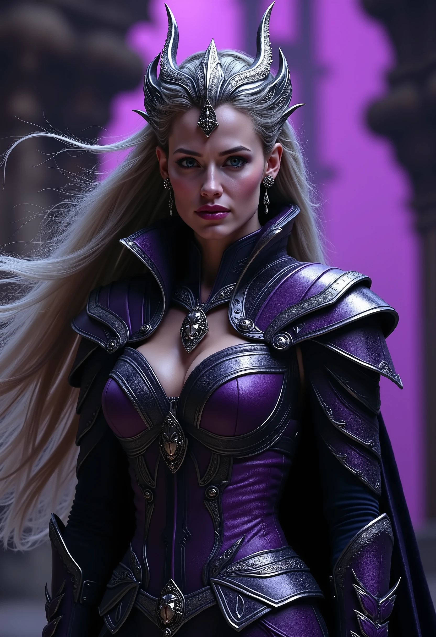 Jennifer Garner takes on the role of Sindel in a majestic interpretation: Imposing queen of Edenia. Wearing purple and silver armor adorned with dark details , she exudes an aura of absolute power , , combining the elegance of royalty with the threat of an immortal warrior . silver hair flows like a cloak of pure energy , responding to your commands with a life of its own . Its eyes shine with a mesmerizing intensity , reflecting her supernatural strength and her connection with the mystical arts . Your every step is calculated , Ela, charged with absolute dominance over the battlefield , as if Earth itself devastated her presence . When opening the mouth , her cry The One Cry echoes like a wave of destruction , tearing up the air and mercilessly knocking down your enemies . Angelina personifies the duality of Sindel with perfection : a sophisticated and seductive queen , , , but also a cruel and ruthless warrior , capable of decimating anyone who stands in its path . With a cold look and an enigmatic smile , ANGELINA JOLIE, como Sindel, redefines the concept of black royalty — Greg Rutkowski. dramatic lighting. 8k.
