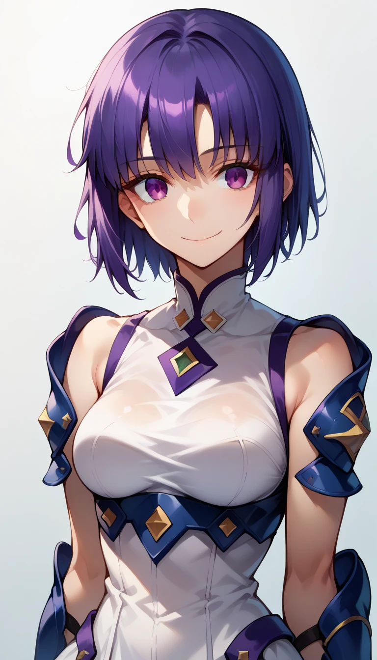 1 Female, simple background, white dress, dress with frills, shoulder out, See-through Ear Covers, Elbow pads, Ciel(FGO), short hair, violet hair, upper body, medium breasts, kind smile, closed his mouth,