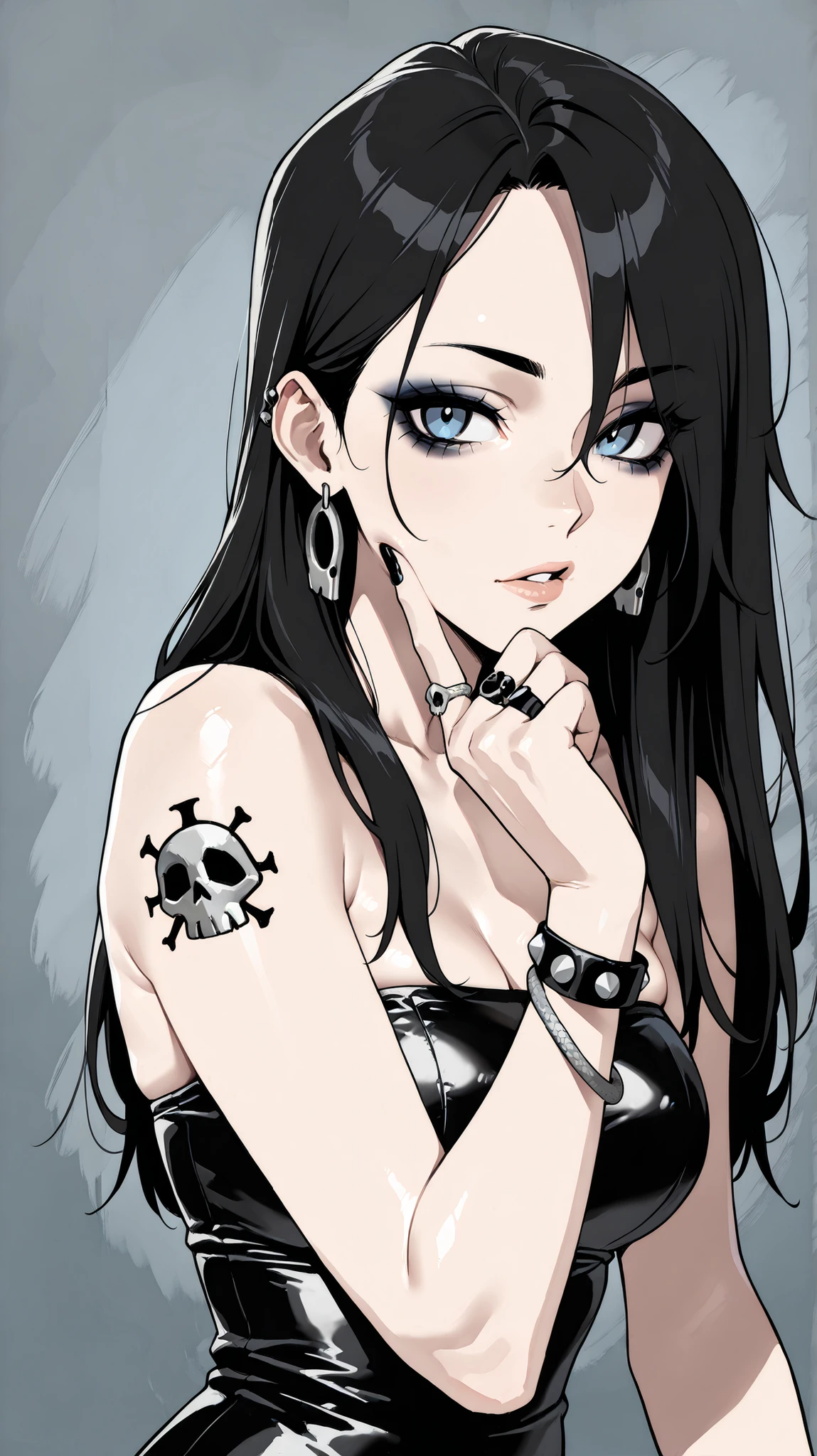 masterpiece, best quality, amazing quality, newest, very aesthetic, 1girl,Image is a digital illustration featuring a young woman with a fair complexion and long, dark hair that transitions to teal at the ends. Her facial features include striking blue eyes, bold eyebrows, and full lips painted in a deep burgundy shade. She is wearing a black strapless top and a black leather bracelet with metal studs on her left wrist. Her right arm is adorned with a detailed tattoo of a skull entwined with a snake. She rests her chin on her hand, displaying a black ring on her index finger. A silver cross earring dangles from her left ear. The background is a simple light gray,