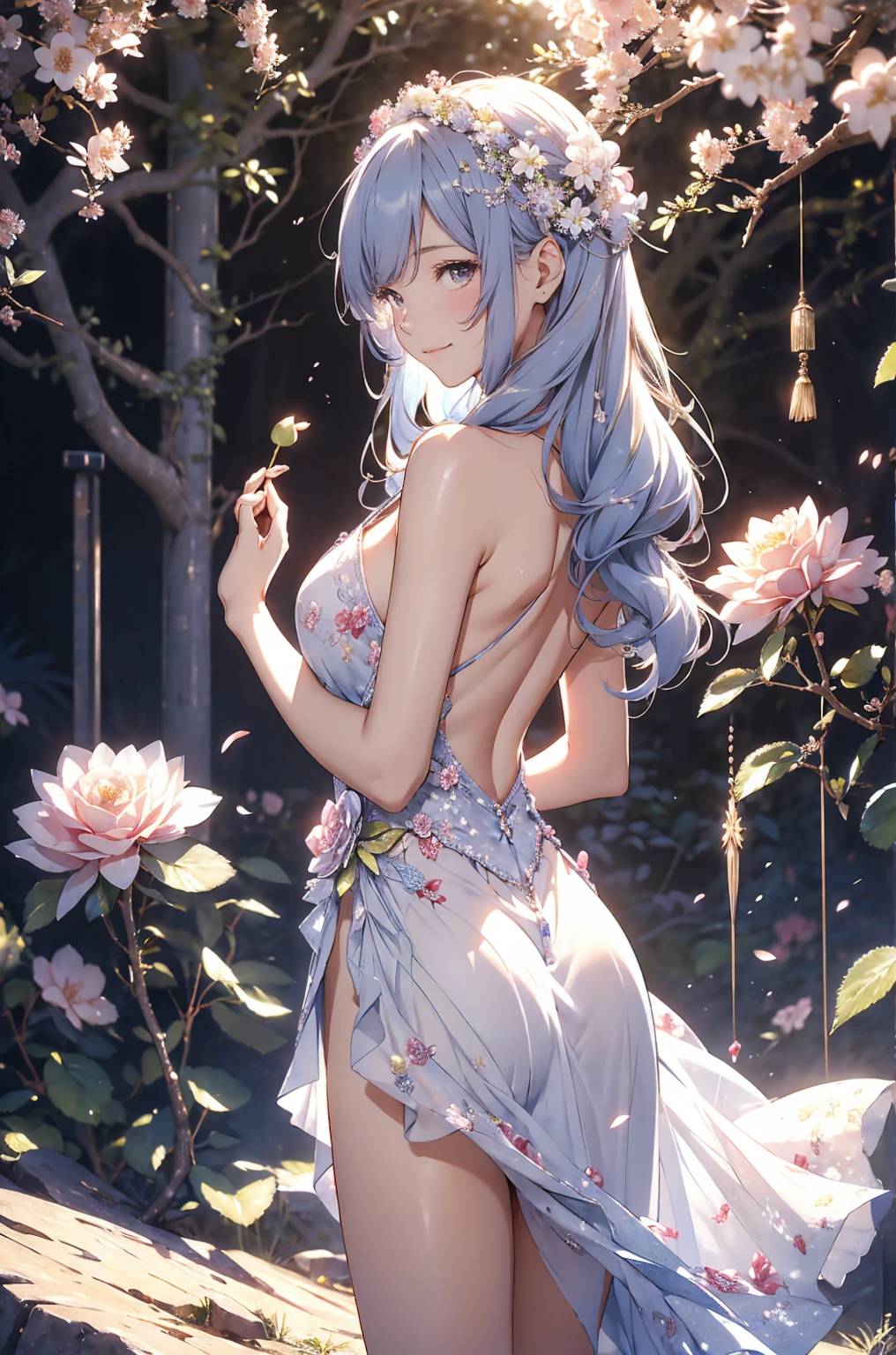 In the garden full of flowers, in the sun, Wearing a floral dress,Big Ass,Girl is dancing。Sexy Sheer White Colonial Dress,