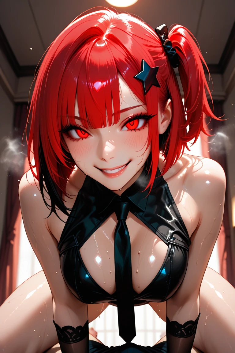 ((Best quality)), ((masterpiece)), (detailed:1.4), 3D, an image of a beautiful cyberpunk female, Yandere , Yandere Face , Trance , Trance Eyes , yameroyandere , constricted pupils , yandere ,
empty eyes . shaded face , crazy eyes , glowing eyes , crazy smile , dark, long burning red hair, burning hair, light brown eyes, red Barret, Black Soldier Shirt, Black under cloth, black panty, Grenade belt, Big chest, Big thigh, High thigh black knee sock, full view of girl, battlefield background, black combat boot, red necktie, black glove, black combat suit, black jacket, black cloak, black panty, ammo belt, HDR (High Dynamic Range),Ray Tracing,NVIDIA RTX,Super-Resolution,Unreal 5,Subsurface scattering,PBR Texturing,Post-processing,Anisotropic Filtering,Depth-of-field,Maximum clarity and sharpness,Multi-layered textures,Albedo and Specular maps,Surface shading,Accurate simulation of light-material interaction,Perfect proportions,Octane Render,Two-tone lighting,Wide aperture,Low ISO,White balance,Rule of thirds,8K RAW,